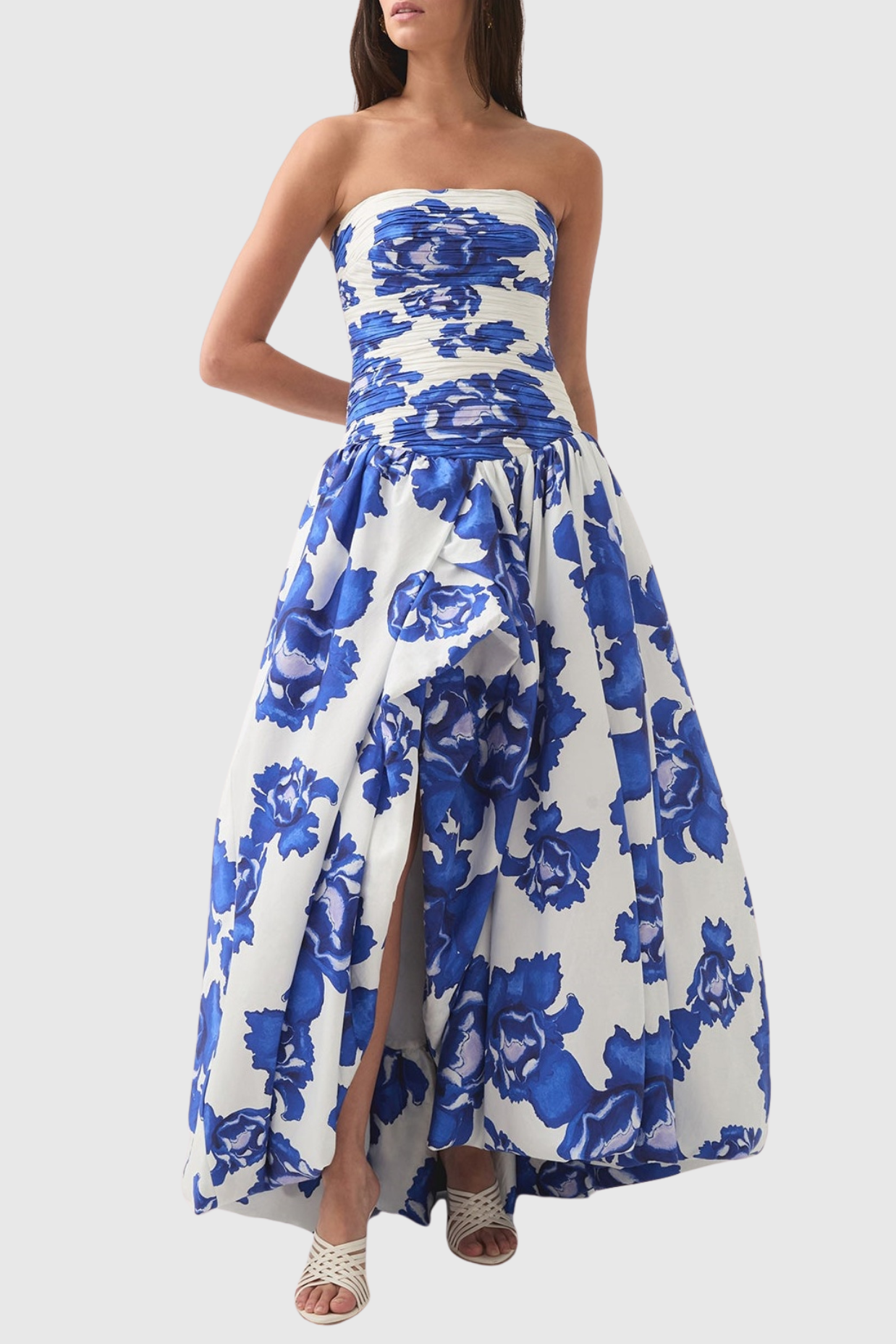 COLEKA FLORAL PRINT STRAPLESS RUCHED MAXI DRESS - BLUE