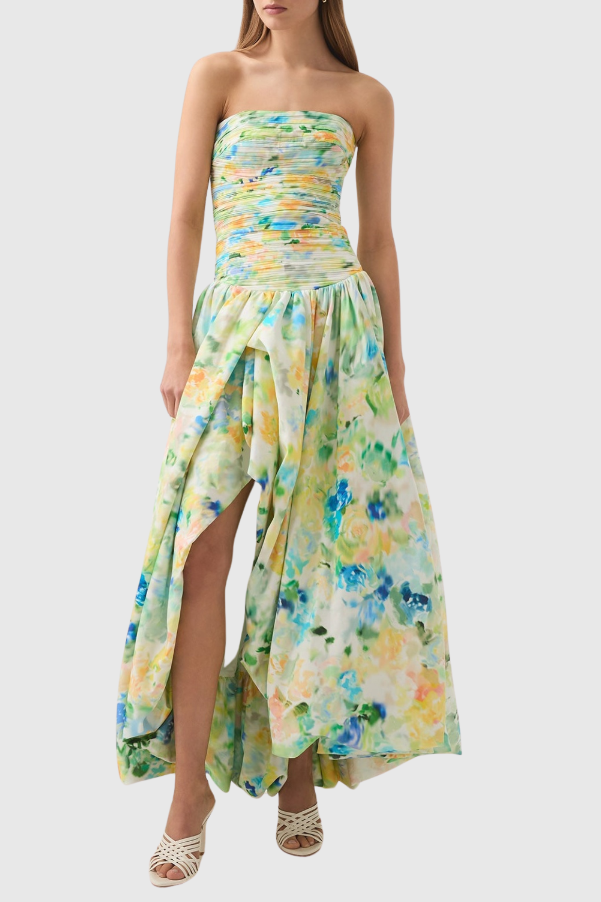 COLEKA FLORAL PRINT STRAPLESS RUCHED MAXI DRESS - GREEN