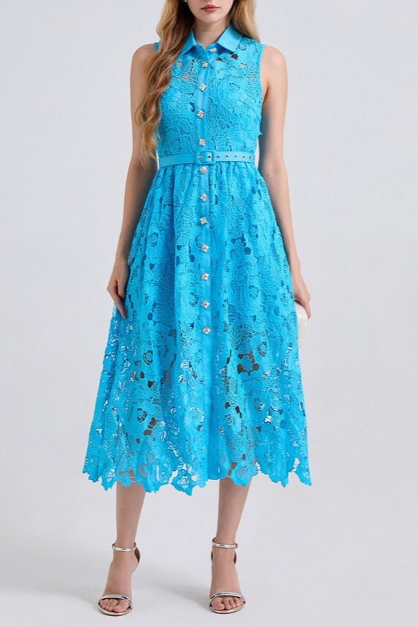 COLLAR SLEEVELESS HIGH WAIST SLIM DRESS IN BLUE