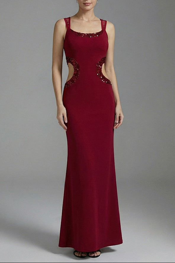CORNELIA BEADED CUTOUT CREPE MAXI DRESS - BURGUNDY