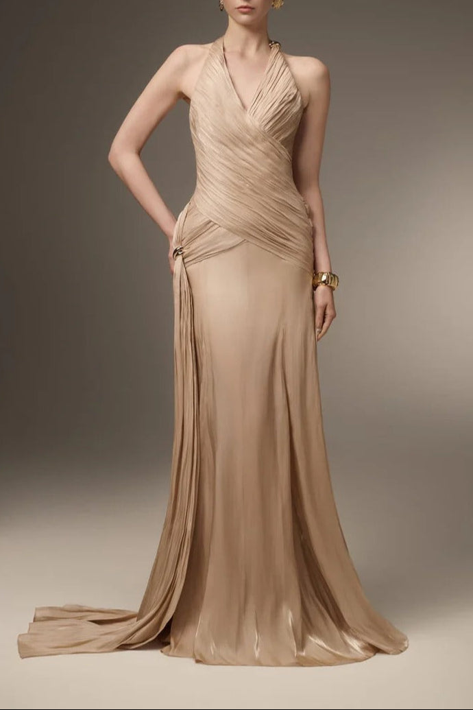 CORSET WAIST SILK BLEND HALTER FLOOR LENGTH DRESS IN CHAMPAGNE