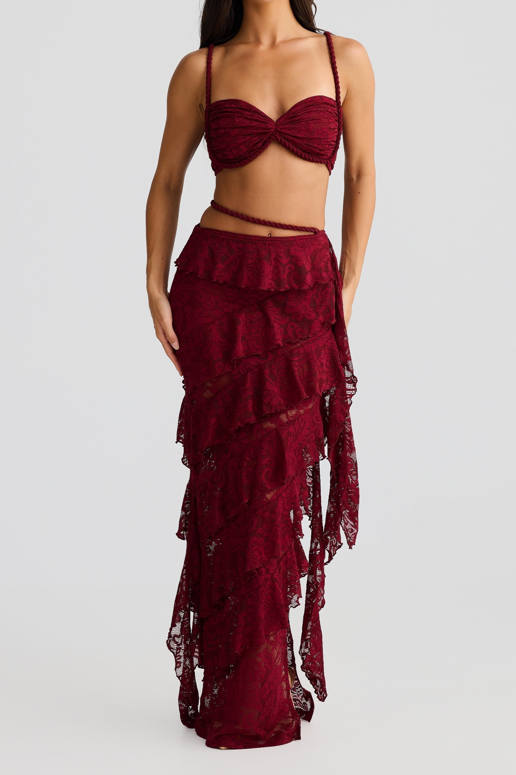 CRAFTED ROPE CROP TOP  LACE SKIRT SET IN BURGUNDY