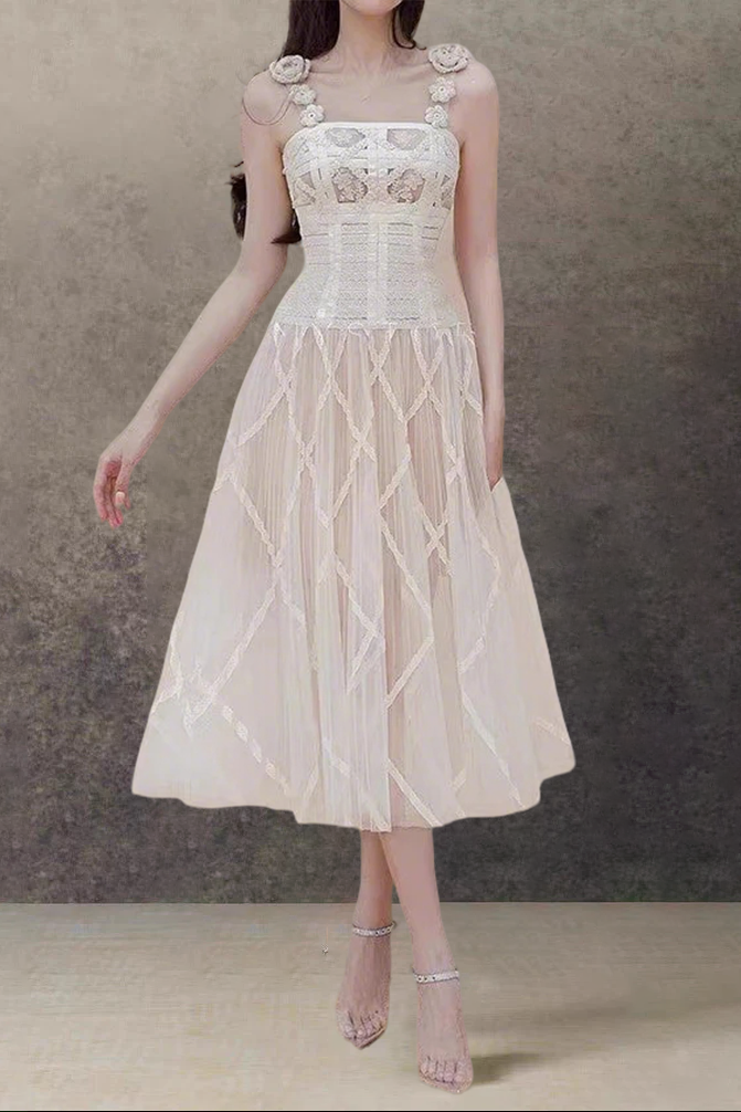 CREAM LACE CORSET MIDI DRESS WITH 3D FLOWER STRAPS