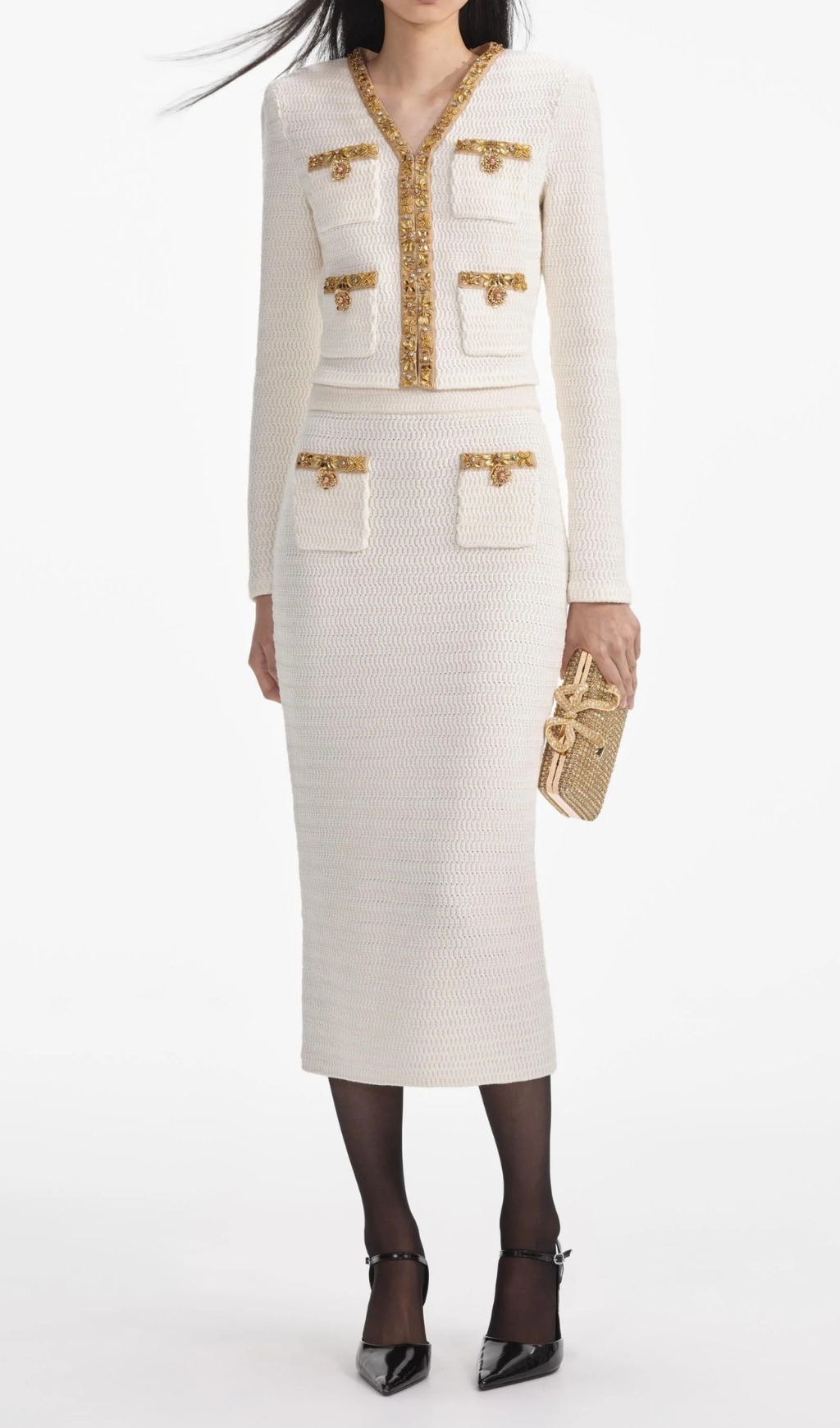 CREAM LUREX KNIT MIDI SKIRT
