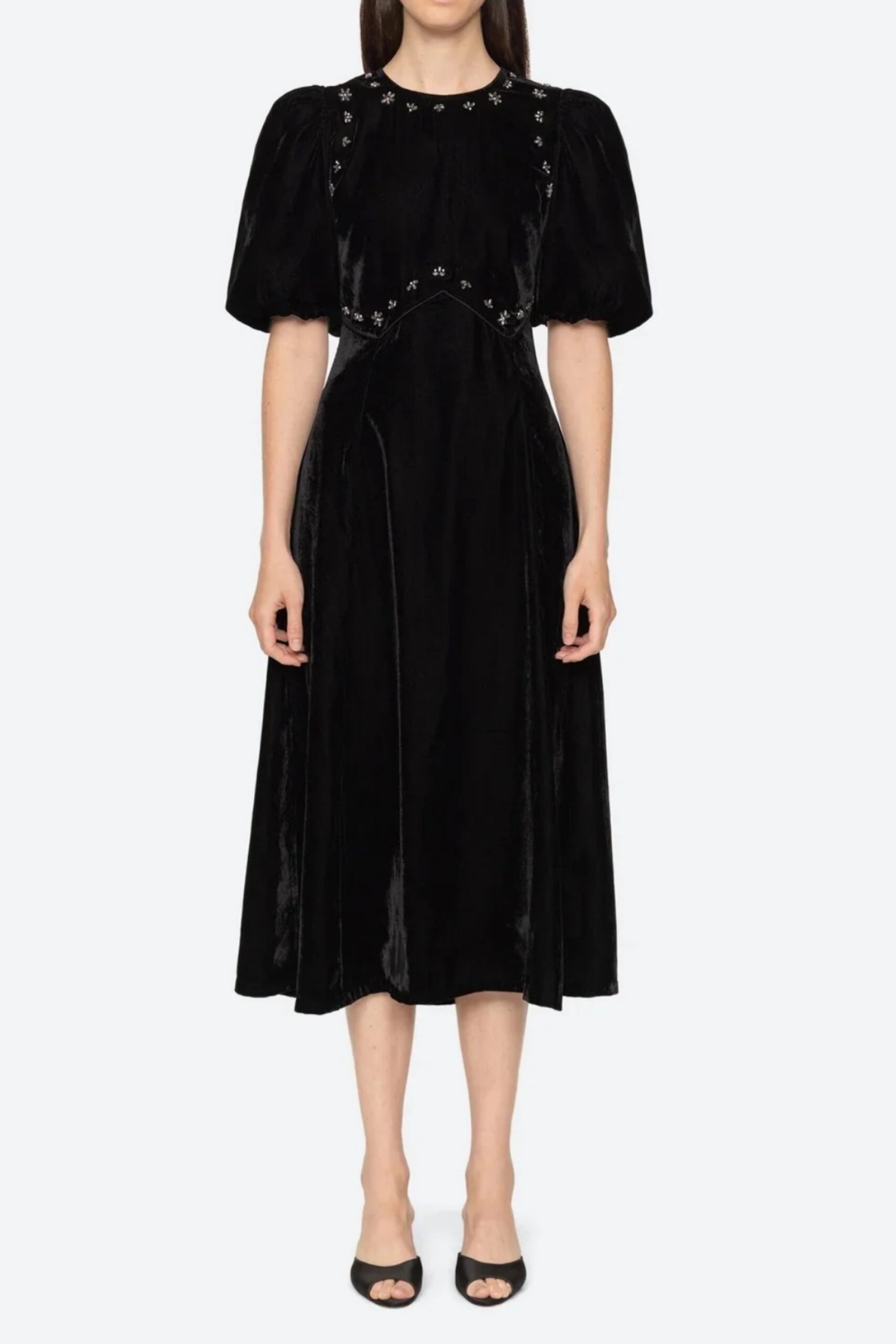 CRYSTAL EMBELLISHED PUFF MIDI DRESS IN BLACK