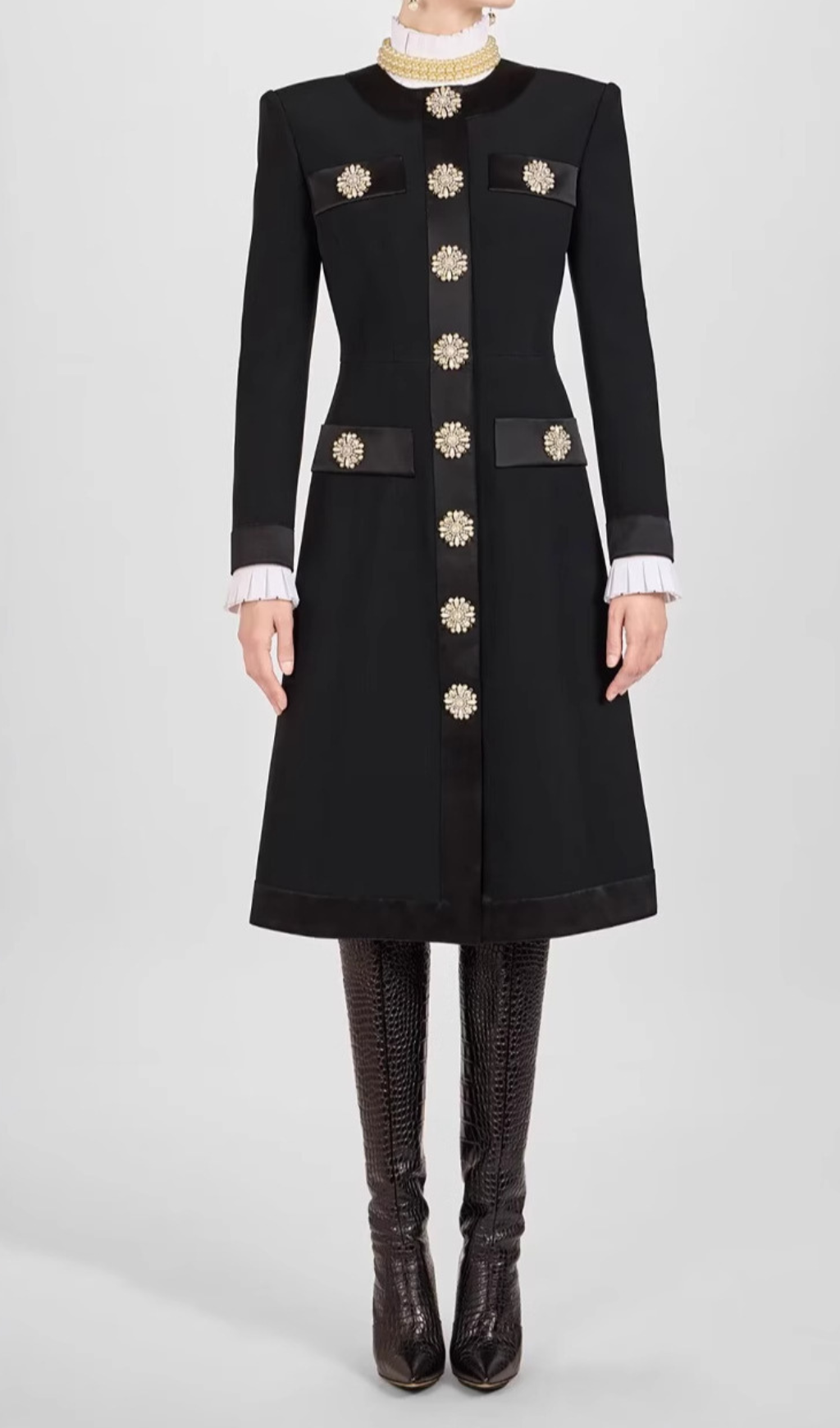 CRYSTAL EMBELLISHED SATIN-TRIMMED CREPE MIDI DRESS IN BLACK