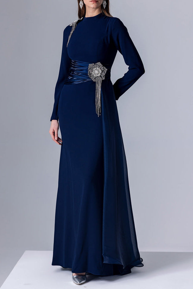 CRYSTAL FLOWER LONG-SLEEVE LACE PLEATED MAXI DRESS IN BLUE