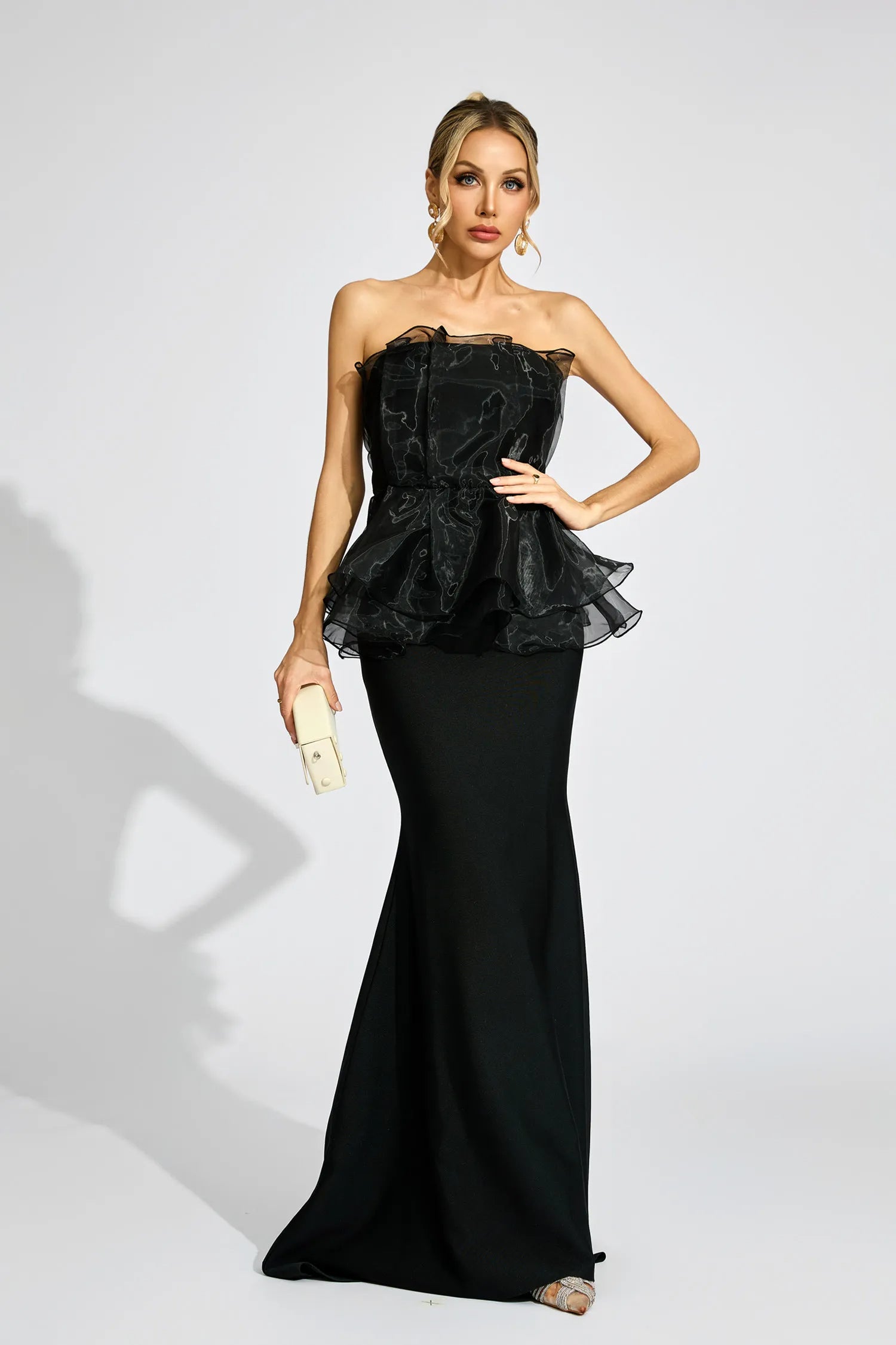 LORRAINE BLACK PEPLUM STRAPLESS MAXI DRESS