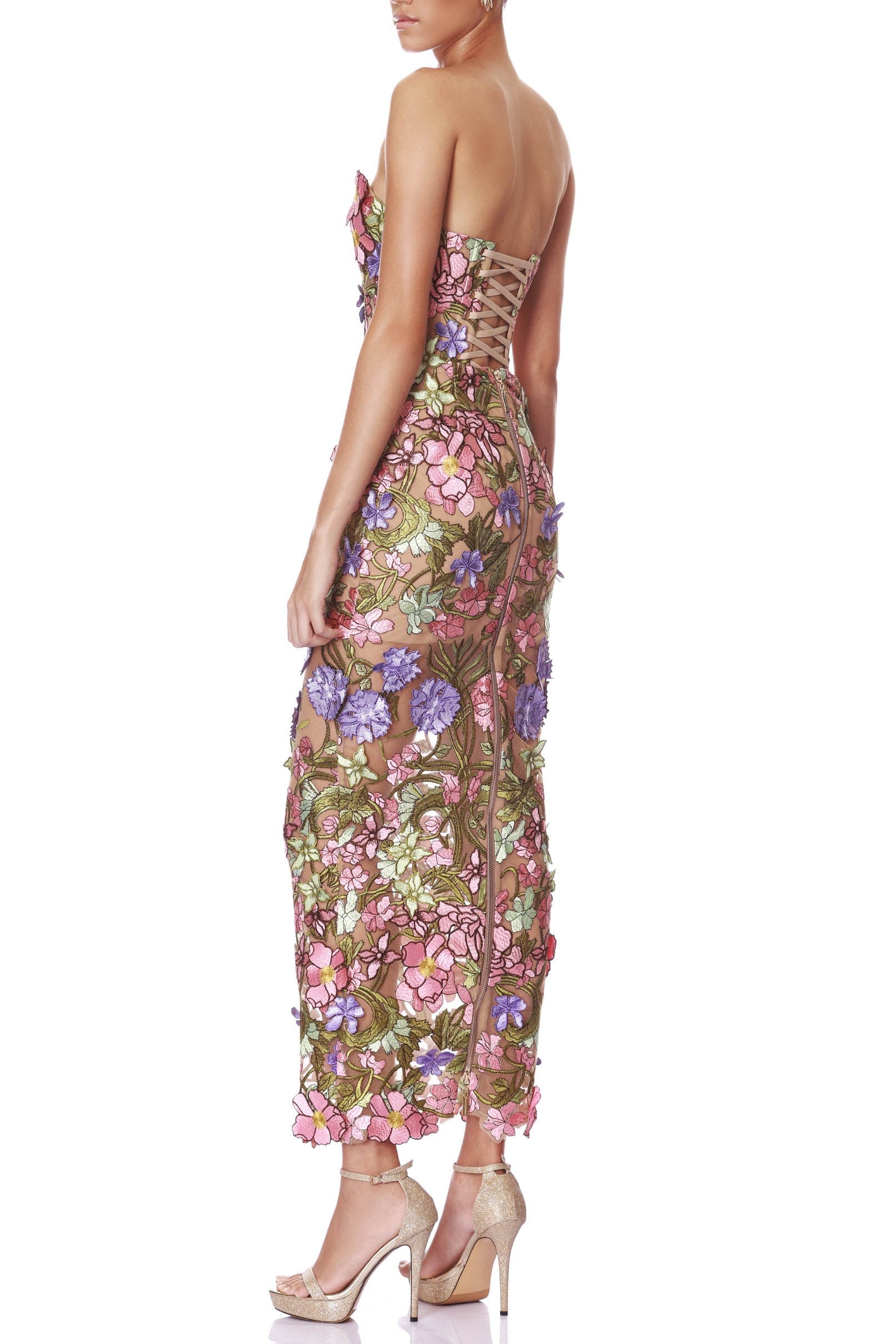 EUDORA MULTICOLOR IRIS FLORAL EMBROIDERY STRAPLESS MAXI DRESS