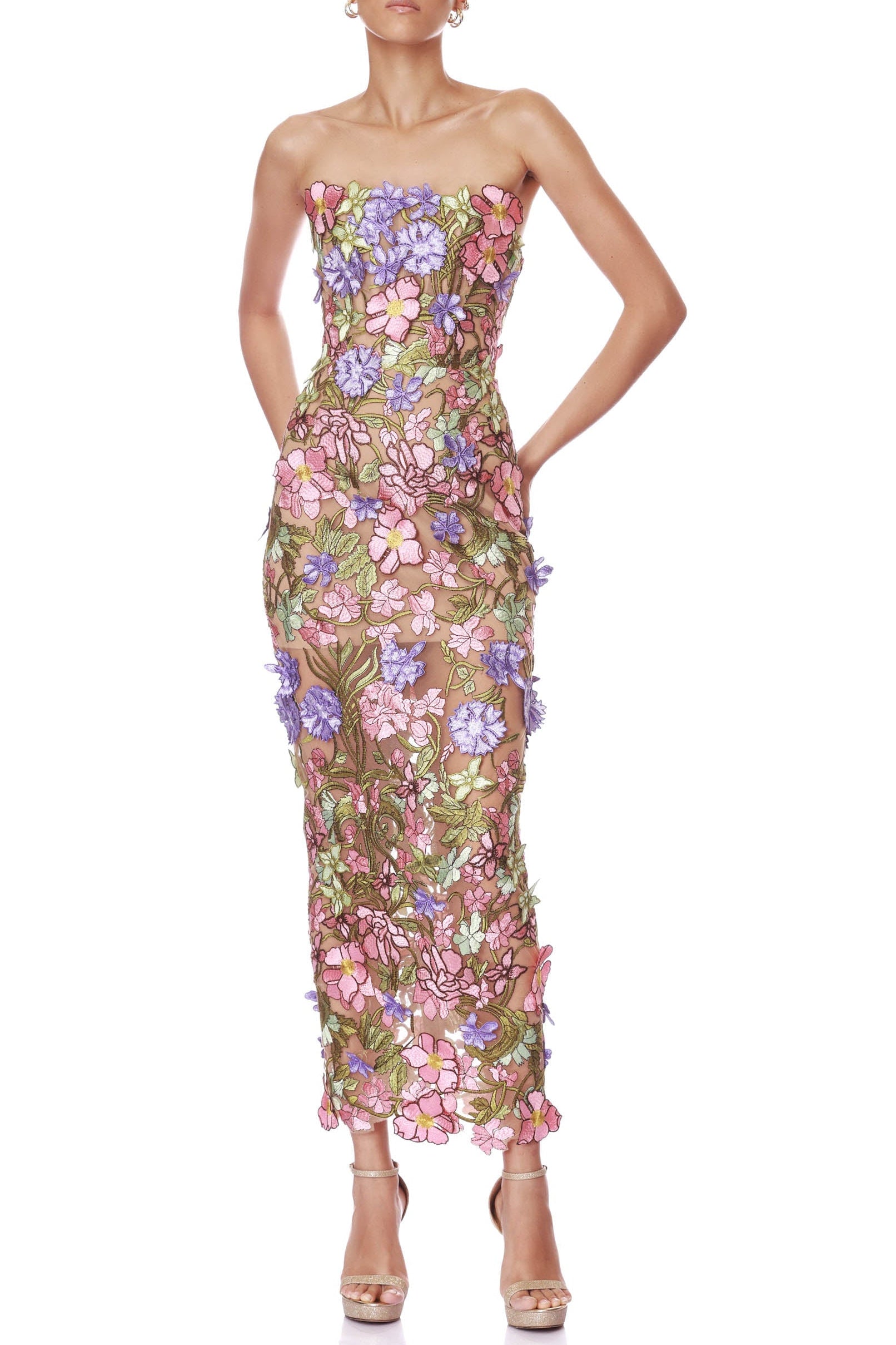 EUDORA MULTICOLOR IRIS FLORAL EMBROIDERY STRAPLESS MAXI DRESS
