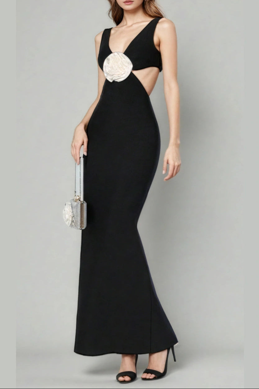 045f2e3f-25c4-4988-bdf1-92a57649b4c1 BLACK V-NECK HOLLOW OUT MAXI DRESS FOR WEDDING GUEST