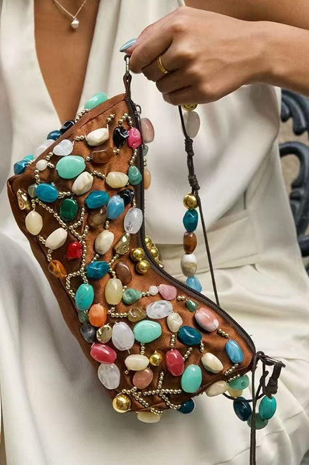 BEADED CRESCENT SHOULDER BAG – COLORFUL STONE EVENING PURSE