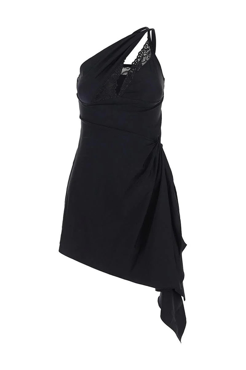 ONE-SHOULDER LACE HOLLOW MINI DRESS BLACK