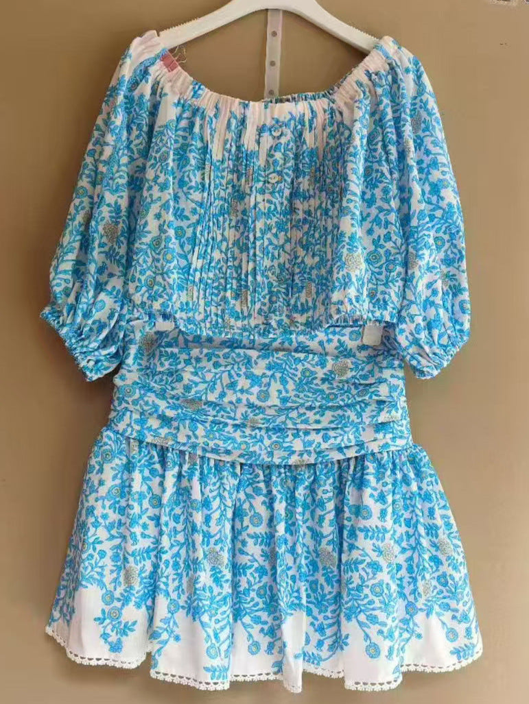 OFF-SHOULDER FLORAL MINI SKIRT SET BLUE