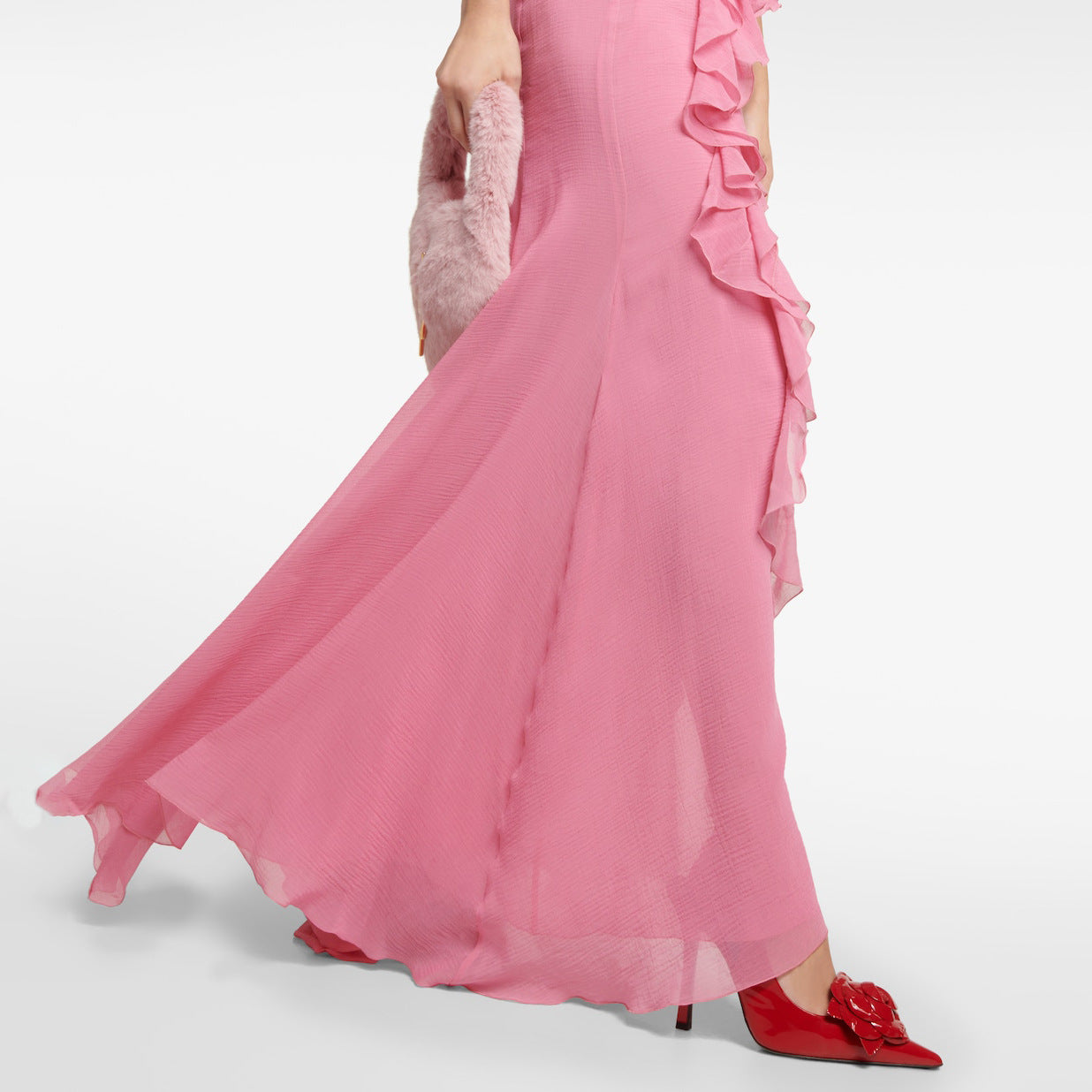PINK RUFFLE SILK MAXI DRESS FOR WEDDINGS