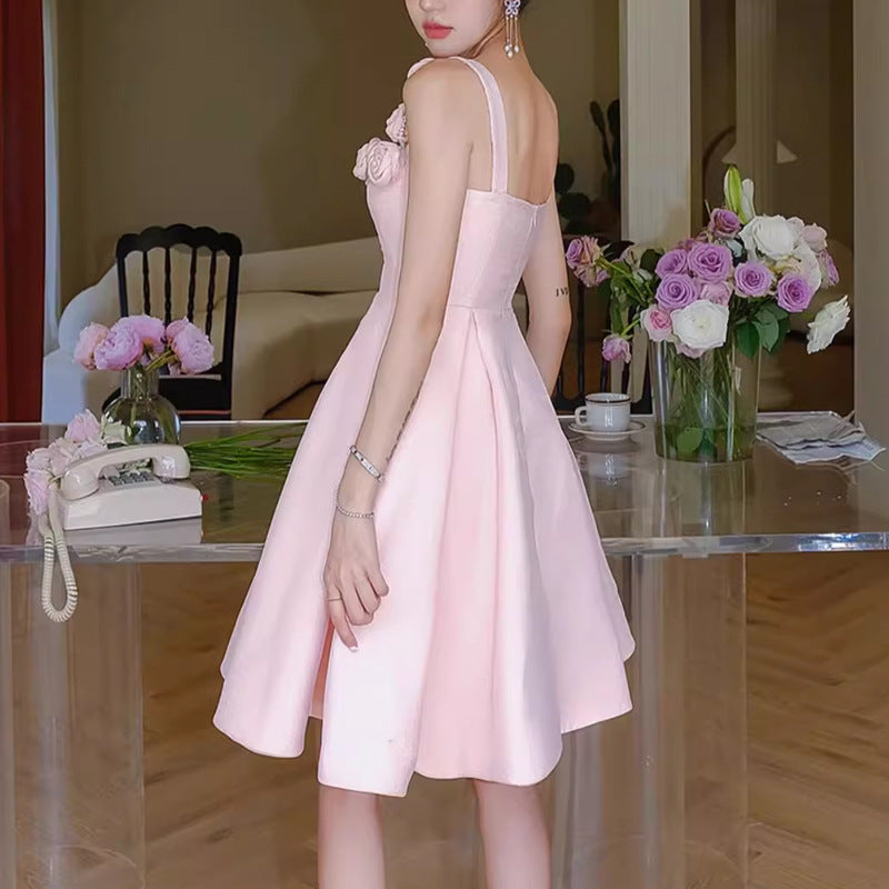 RHINESTONE ROSE APPLIQUE PINK MINI PARTY DRESS
