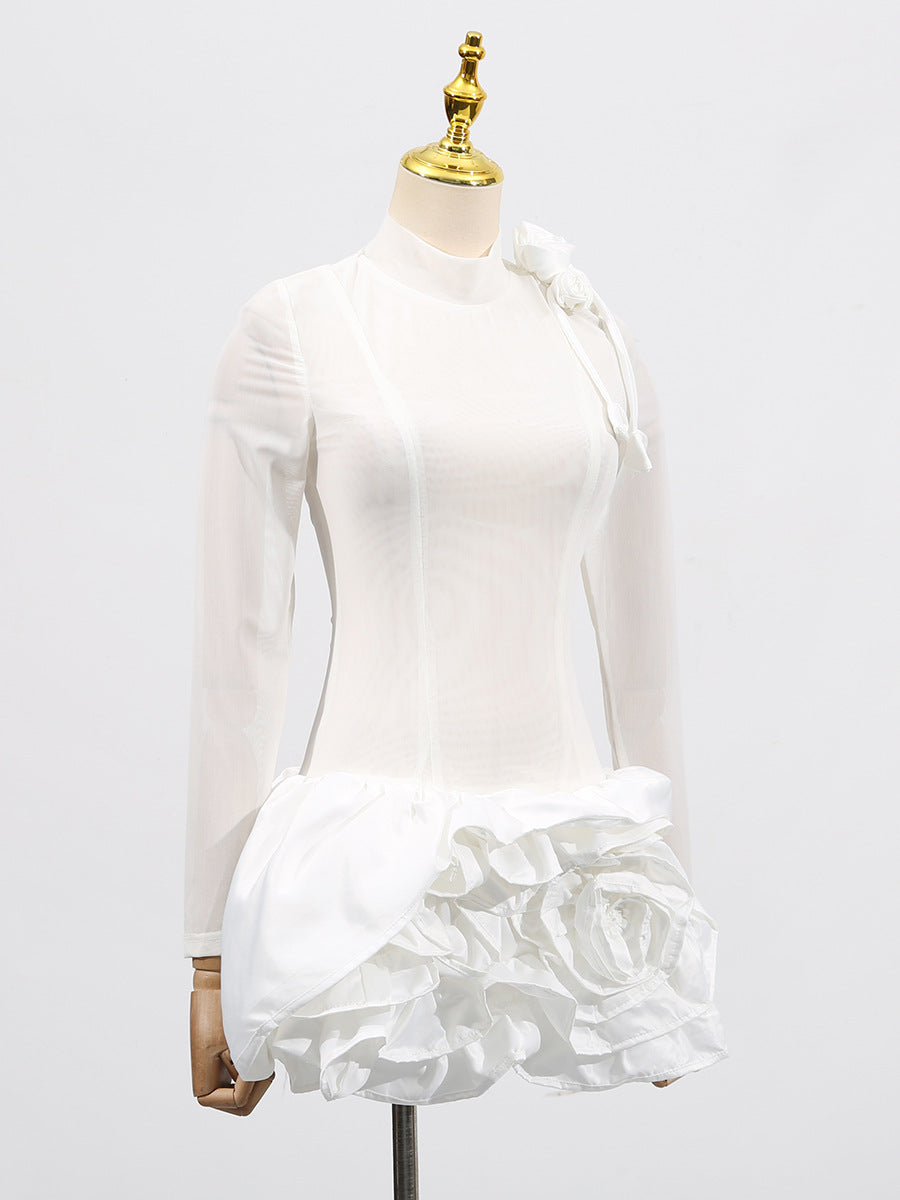 3D FLOWER HEM MESH WHITE MINI DRESS