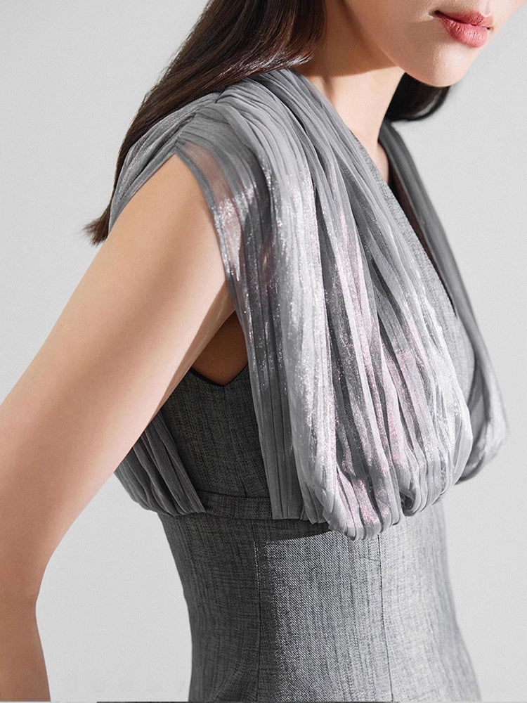 MESH SLEEVELESS MIDI DRESS GREY, SLIM SILHOUETTE