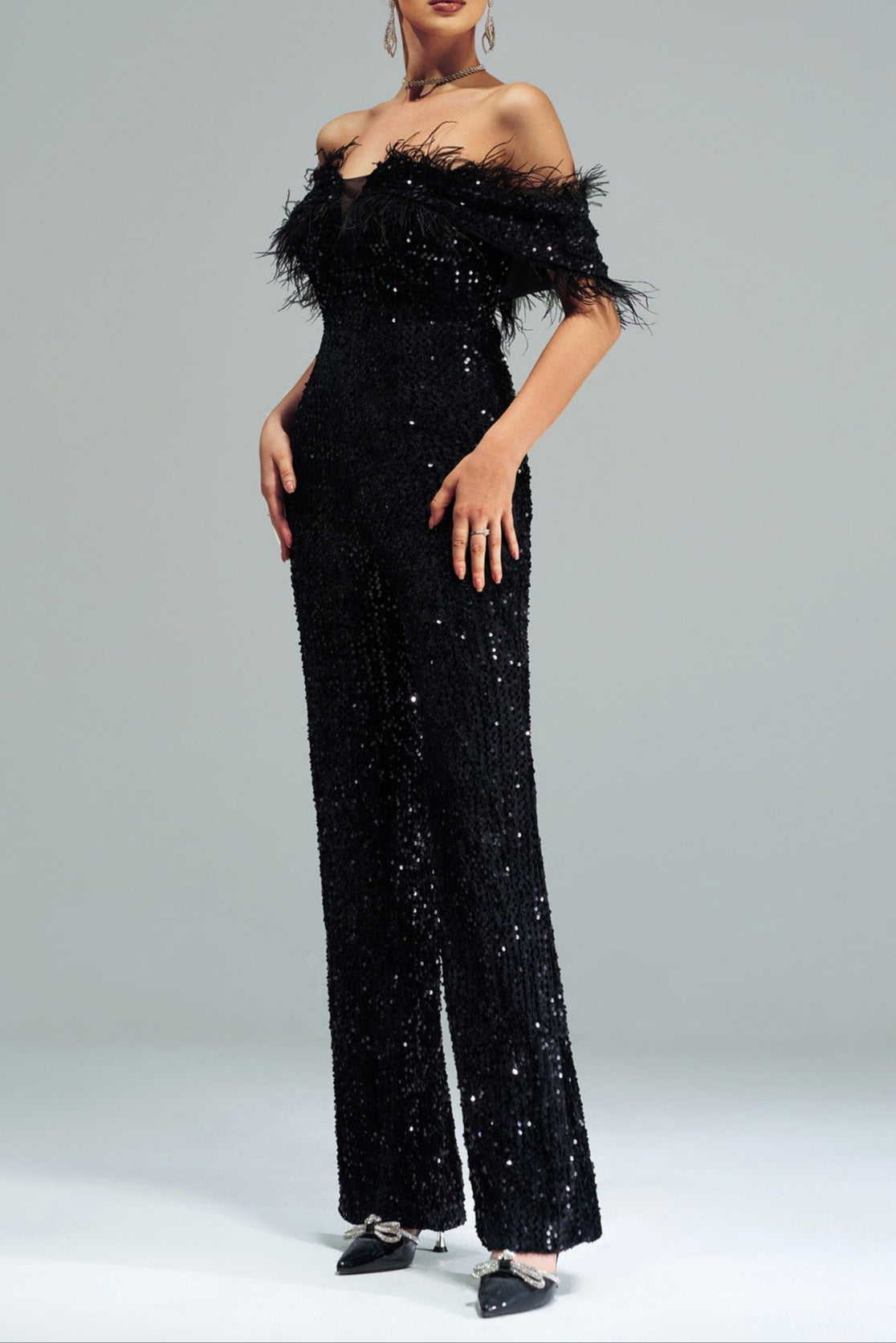 OFF-SHOULDER SEQUIN JUMPSUIT BLACK PARTY