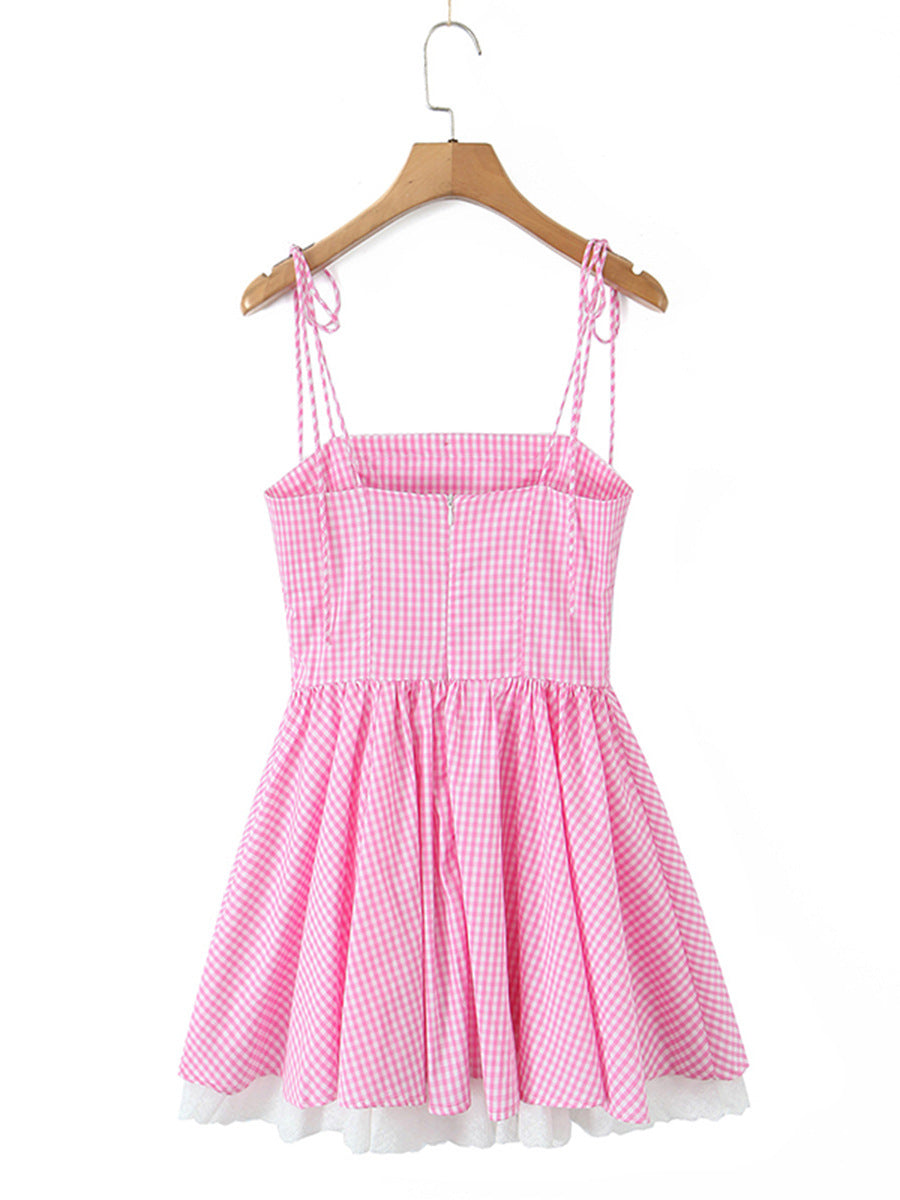 JOYCE GRID STRAP PINK MINI DRESS FOR PARTY