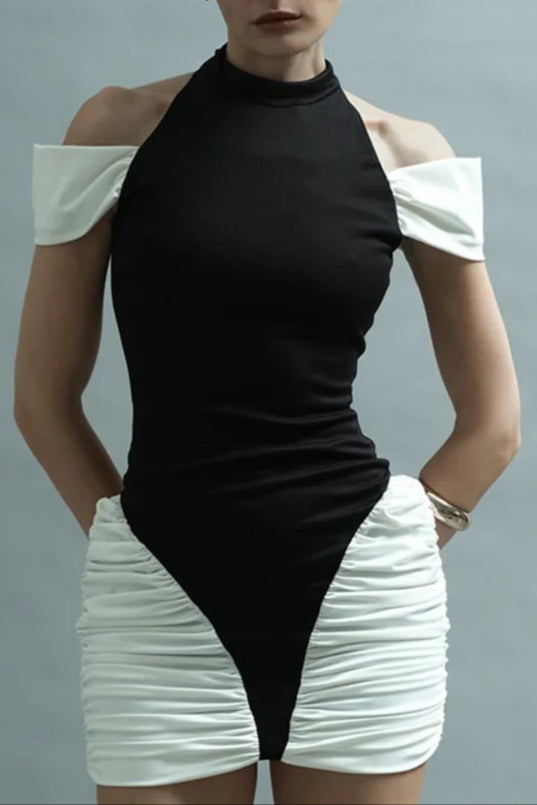 BLACK & WHITE PANEL HALTER MINI DRESS