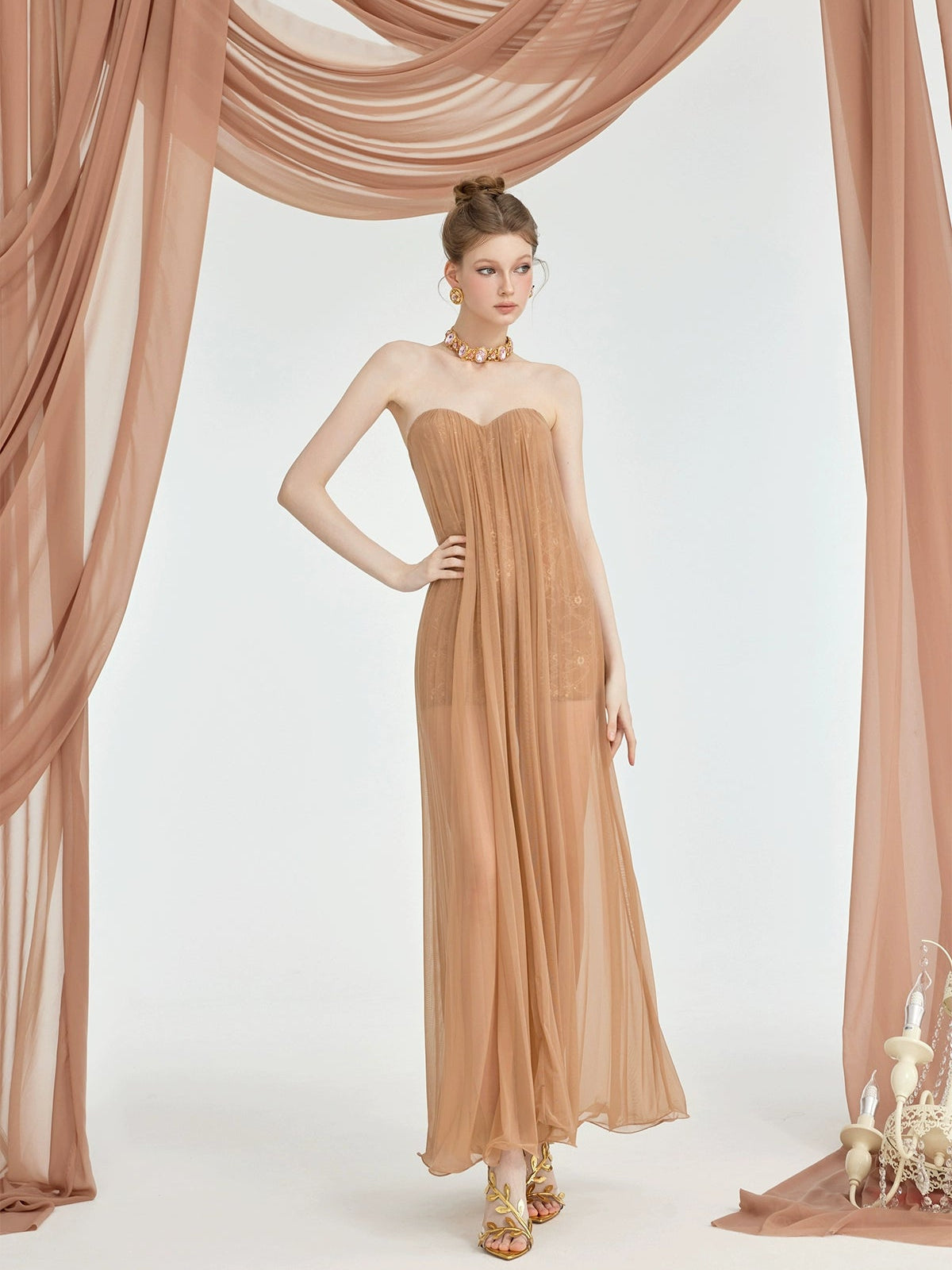 THEA STRAPLESS MESH BACKLESS BROWN MAXI DRESS