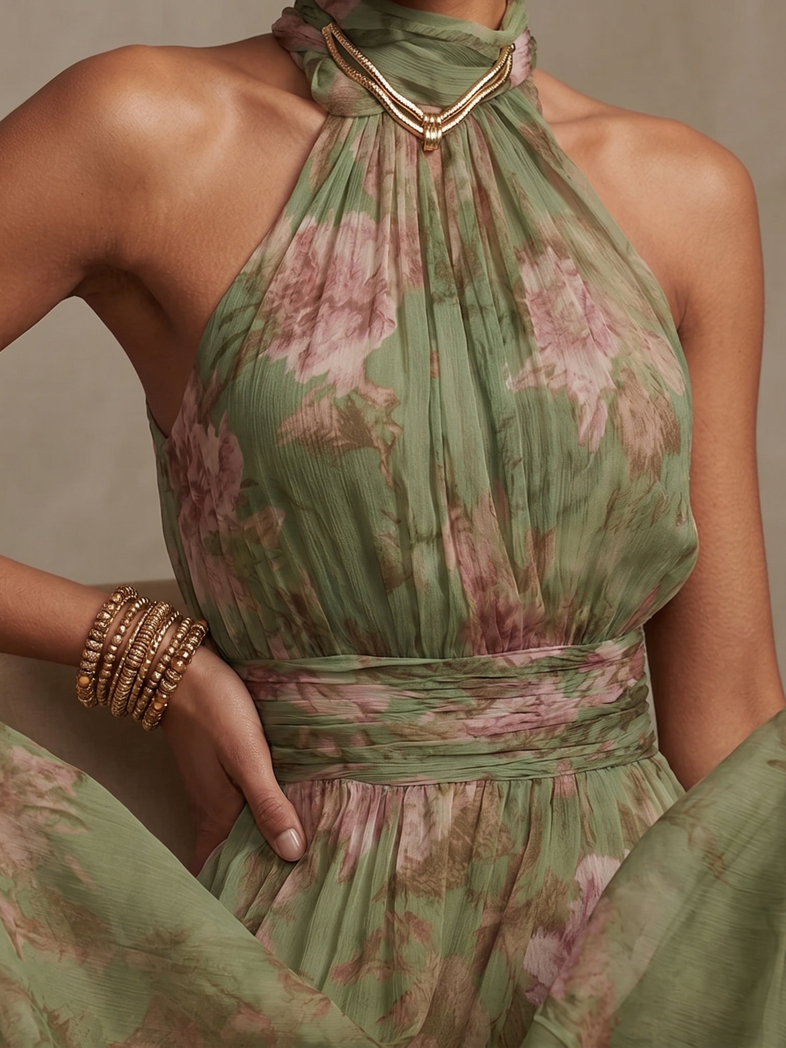 POLLY GREEN FLORAL CHIFFON HALTER MAXI DRESS