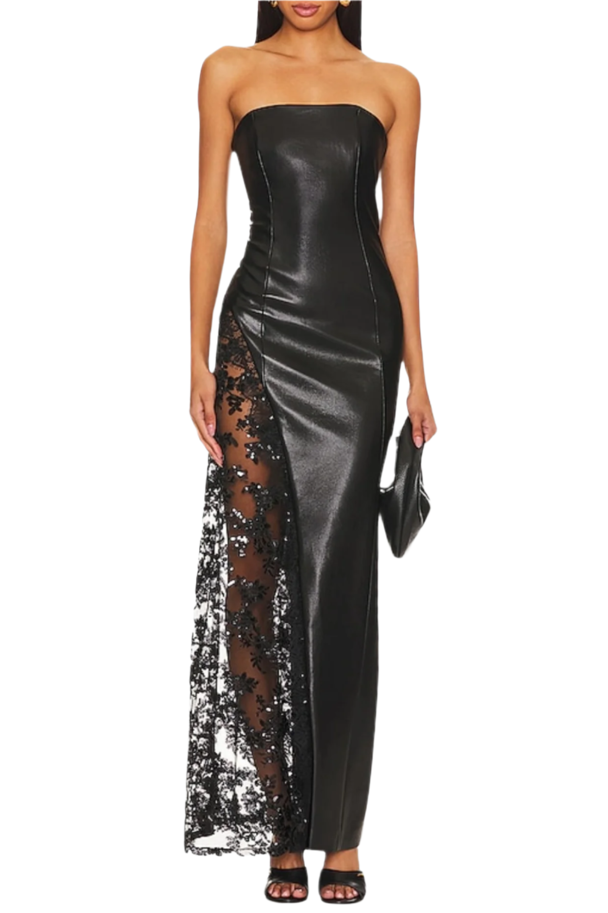DAMIEN FAUX LEATHER STRAPLESS LACE MAXI DRESS