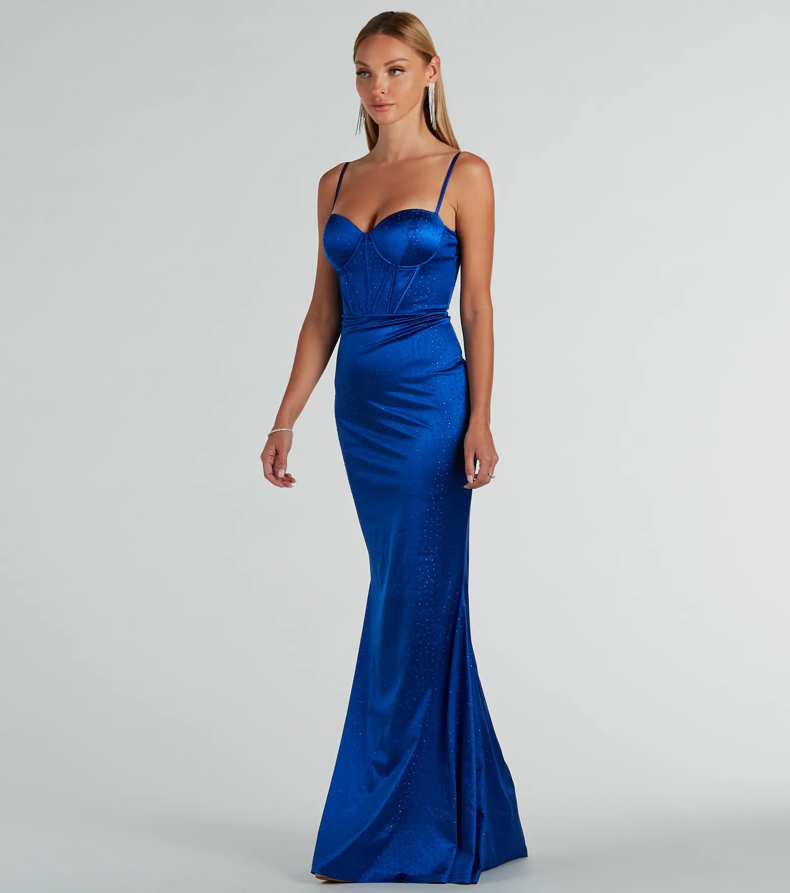 JAIDEN RHINESTONE SATIN FORMAL BUSTIER DRESS