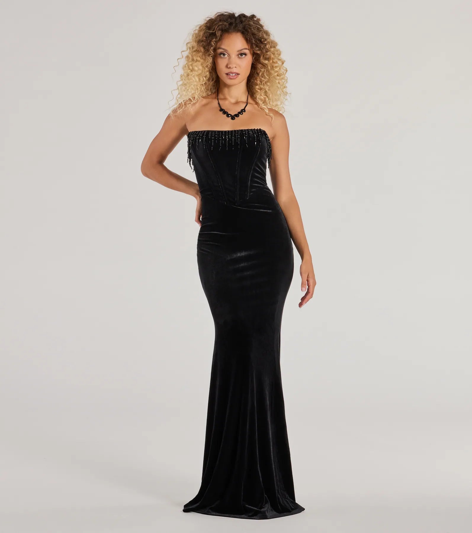 05002-8662_1_BLACK-2_LuisaPearlFringeTrimVelvetCorsetMermaidDress PEARL FRINGE VELVET CORSET MERMAID DRESS