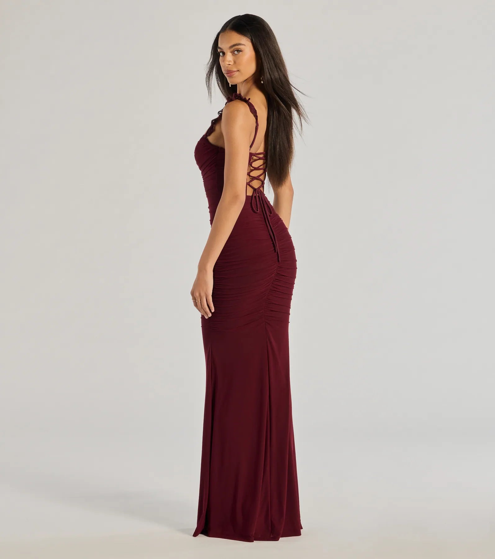 MORGAN LACE-UP RUCHED MERMAID COCKTAIL DRESS