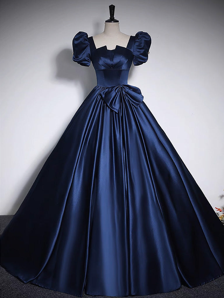 DARK BLUE SATIN PROM DRESS