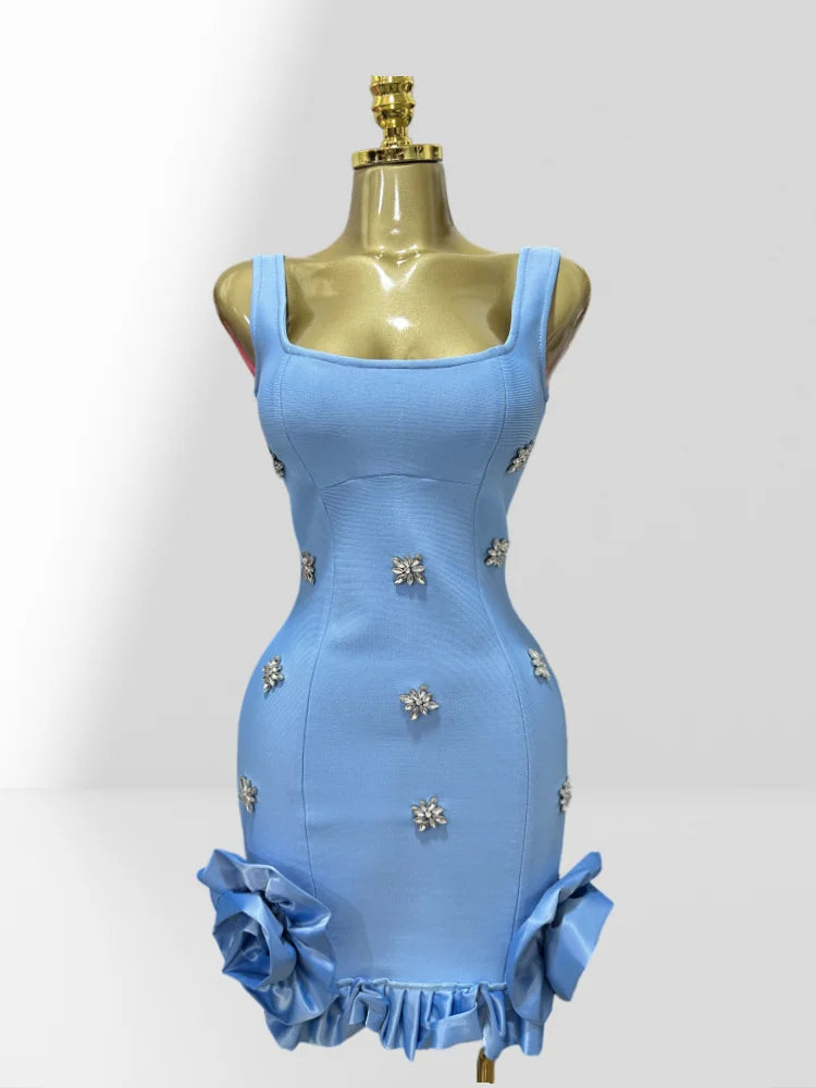 DIAMONDS SLEEVELESS RUFFLES BODYCON MINI BANDAGE DRESS