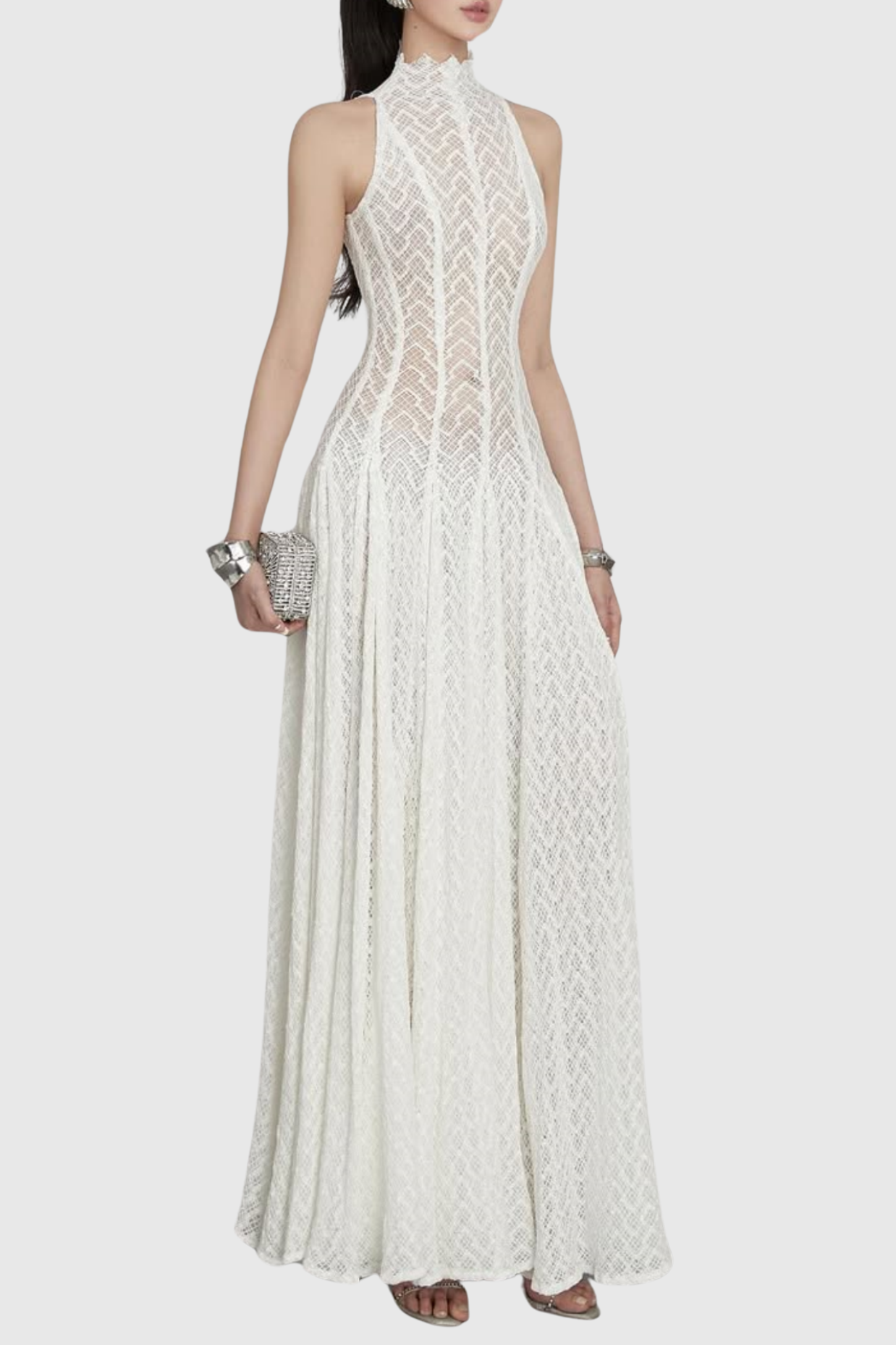 DODIYA WAVY-PATTERN SLEEVELESS LACE MAXI DRESS