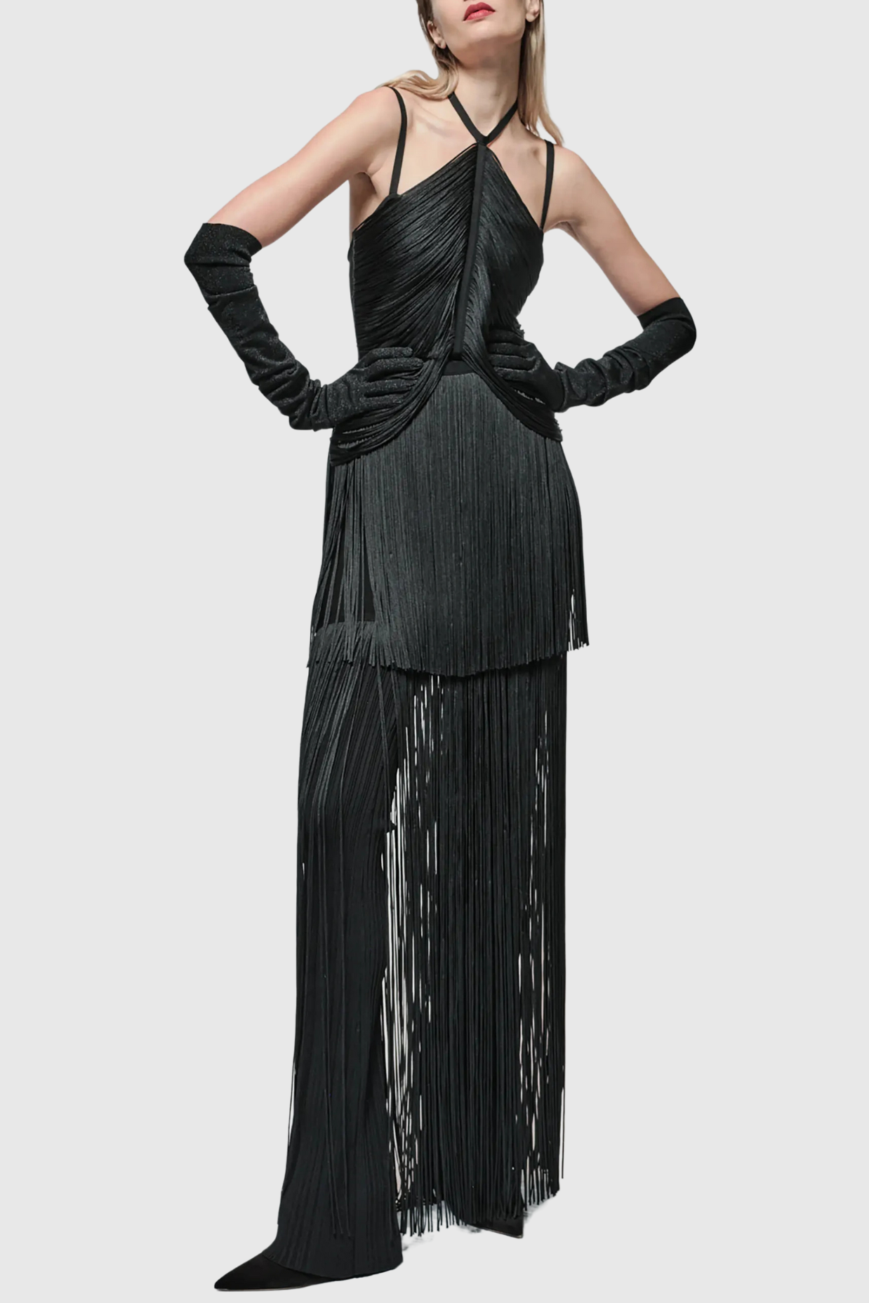 DOLY HALTER FRINGED MAXI BANDAGE DRESS - BLACK