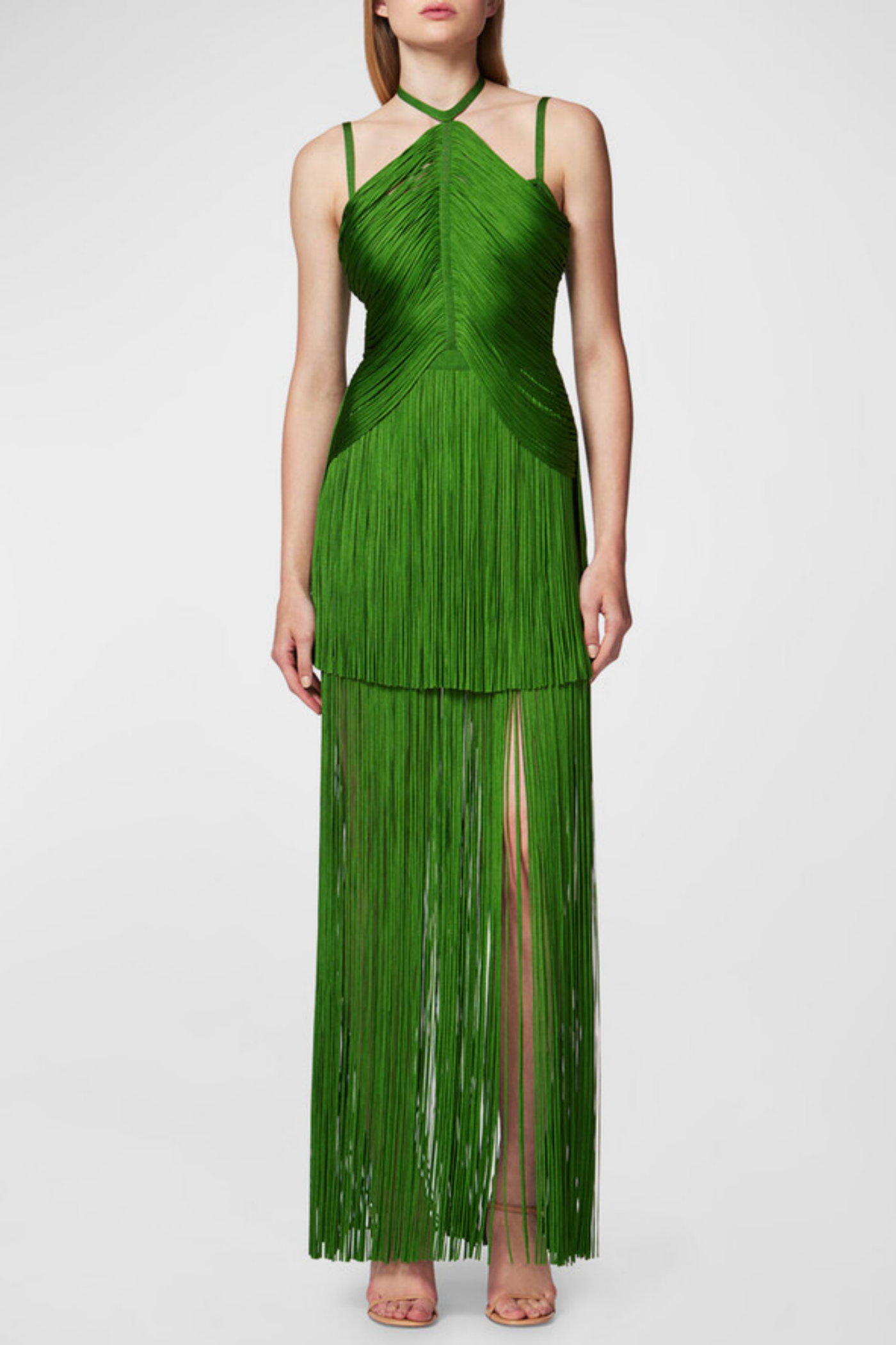 DOLY HALTER FRINGED MAXI BANDAGE DRESS - GREEN