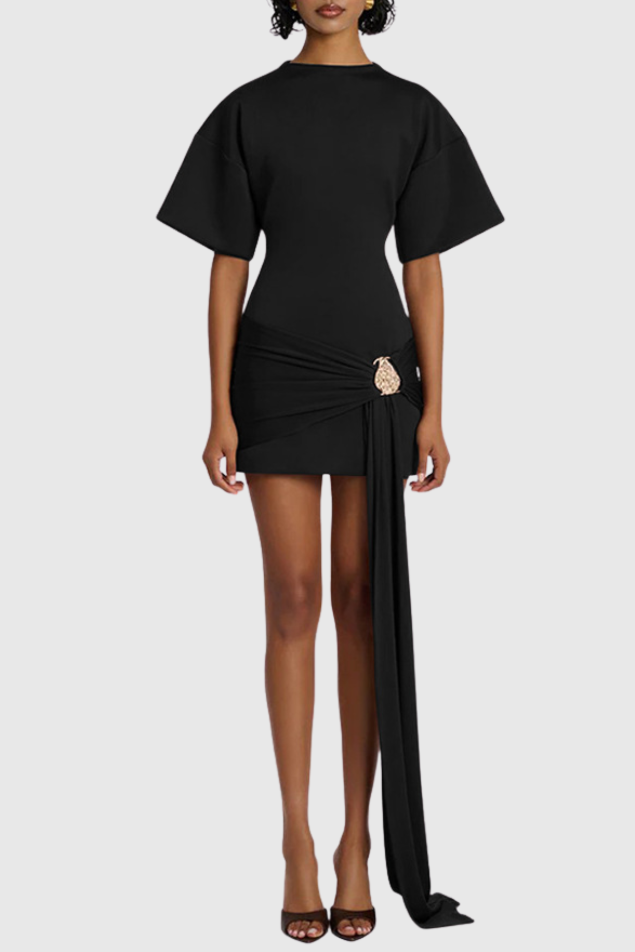 DRAPED EMBELLISHED MINI DRESS - BLACK