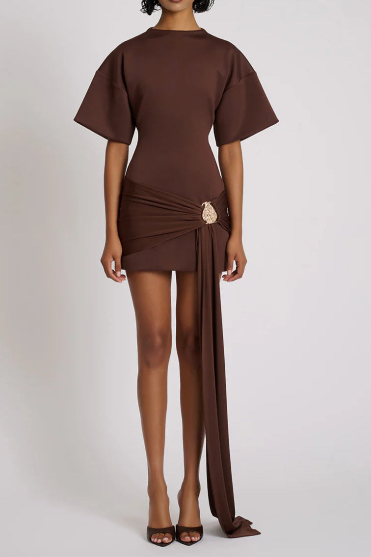 DRAPED EMBELLISHED MINI DRESS - BROWN