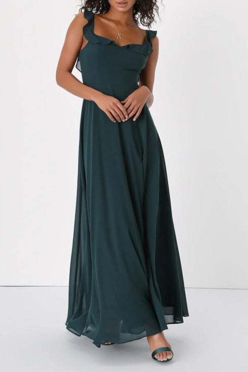 DREAMY ADMIRATION EMERALD GREEN RUFFLED MAXI DRESS