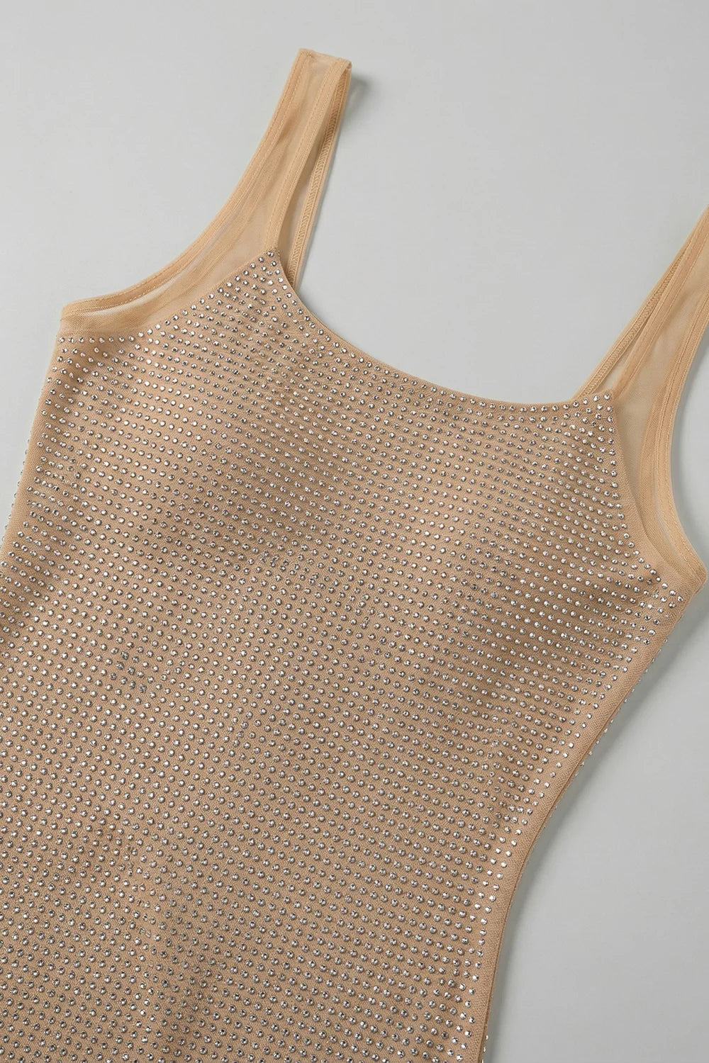 MAUD SQUARE CRYSTAL MESH MINI DRESS APRICOT