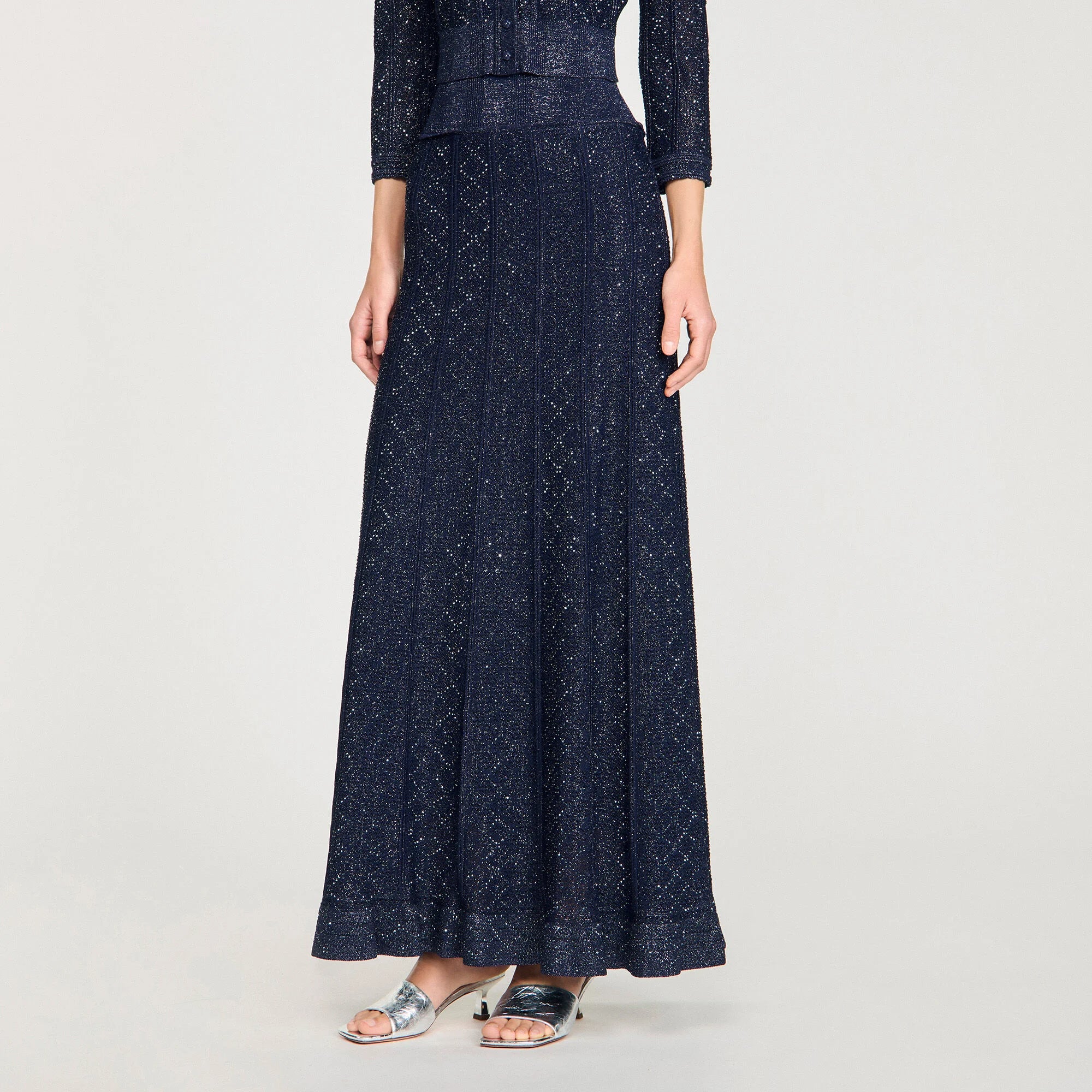 NAVY RHINESTONE KNIT MAXI SKIRT FOR EVENING