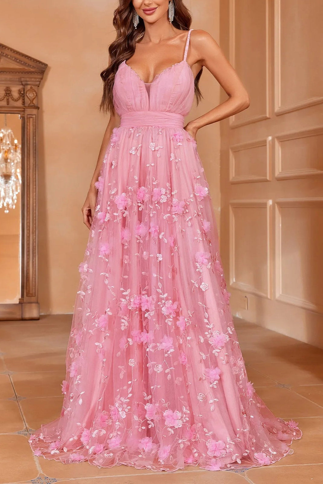 ELEGANT PLUNGING NECK FLORAL APPLIQUE MESH CAMI PARTY DRESS