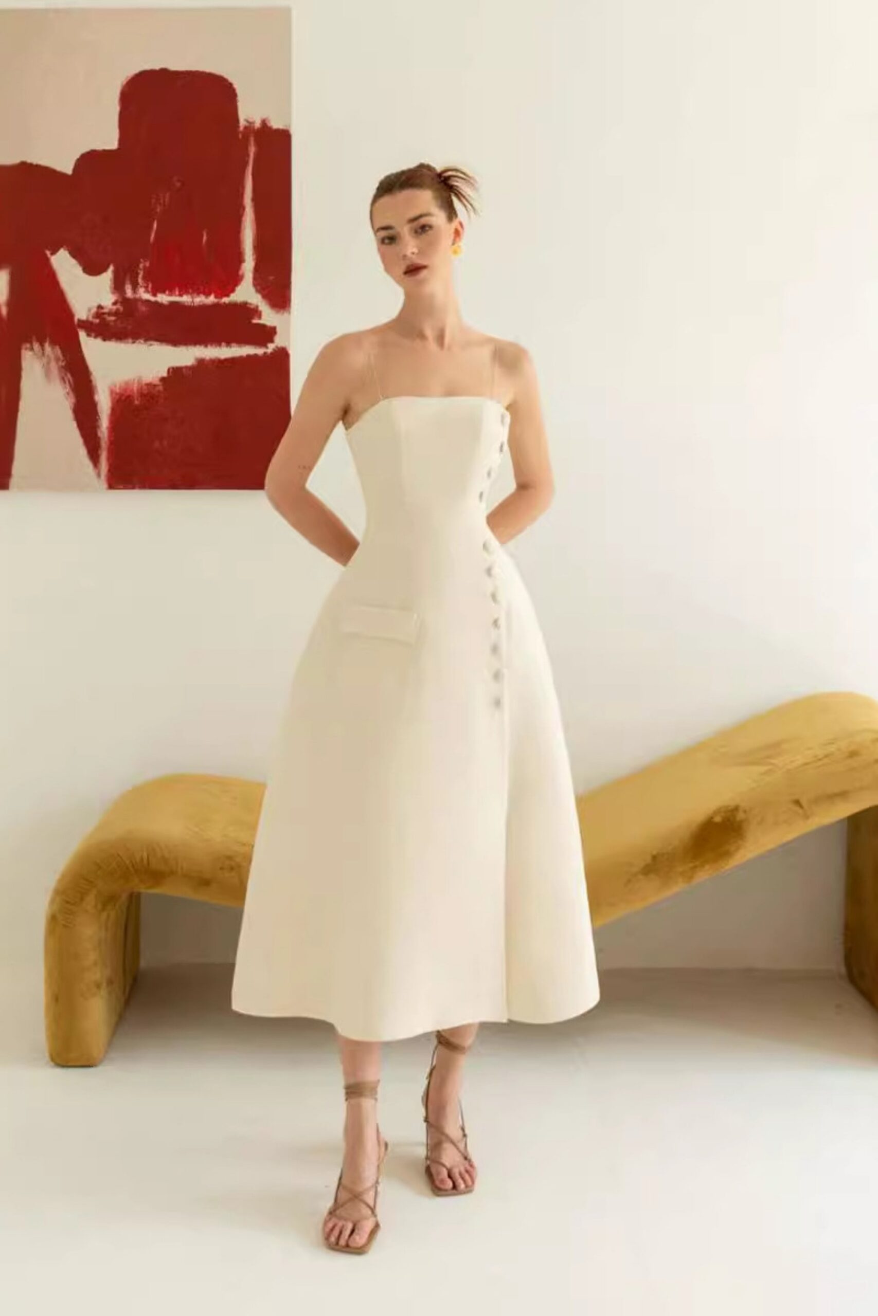 ELIO BUTTON-EMBELLISHED MIDI DRESS IN CREAM