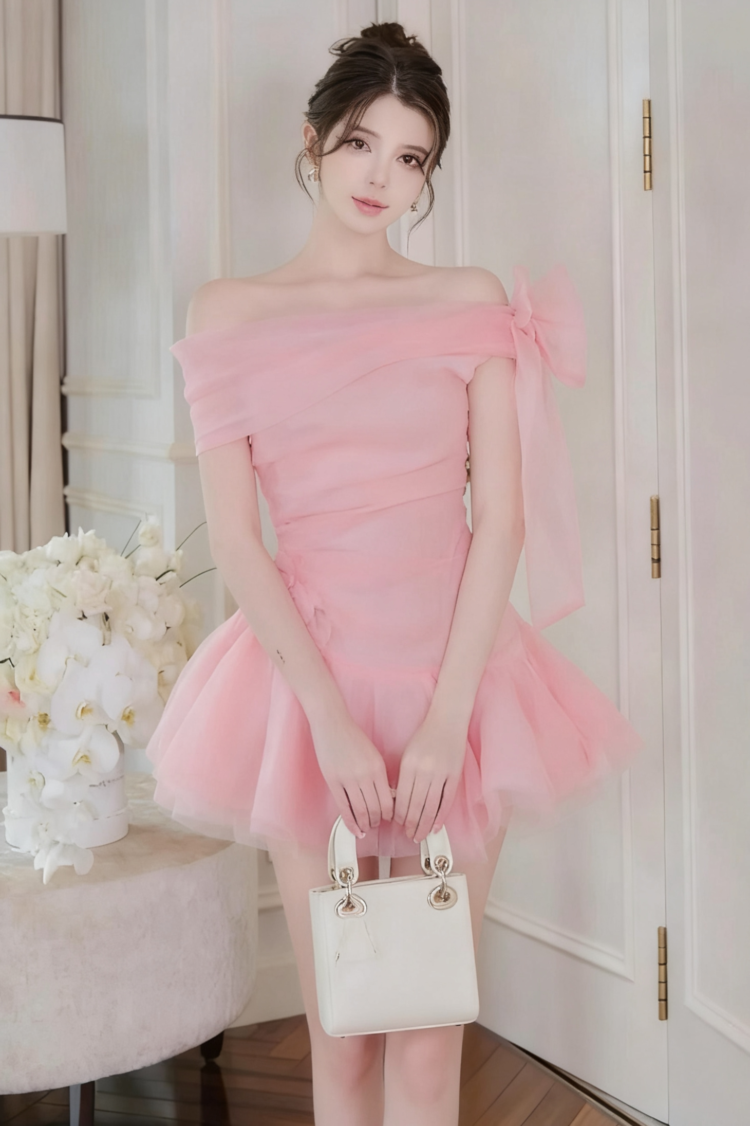 ELLEN OFF-SHOULDER MESH TULLE TUTU MINI DRESS IN PINK