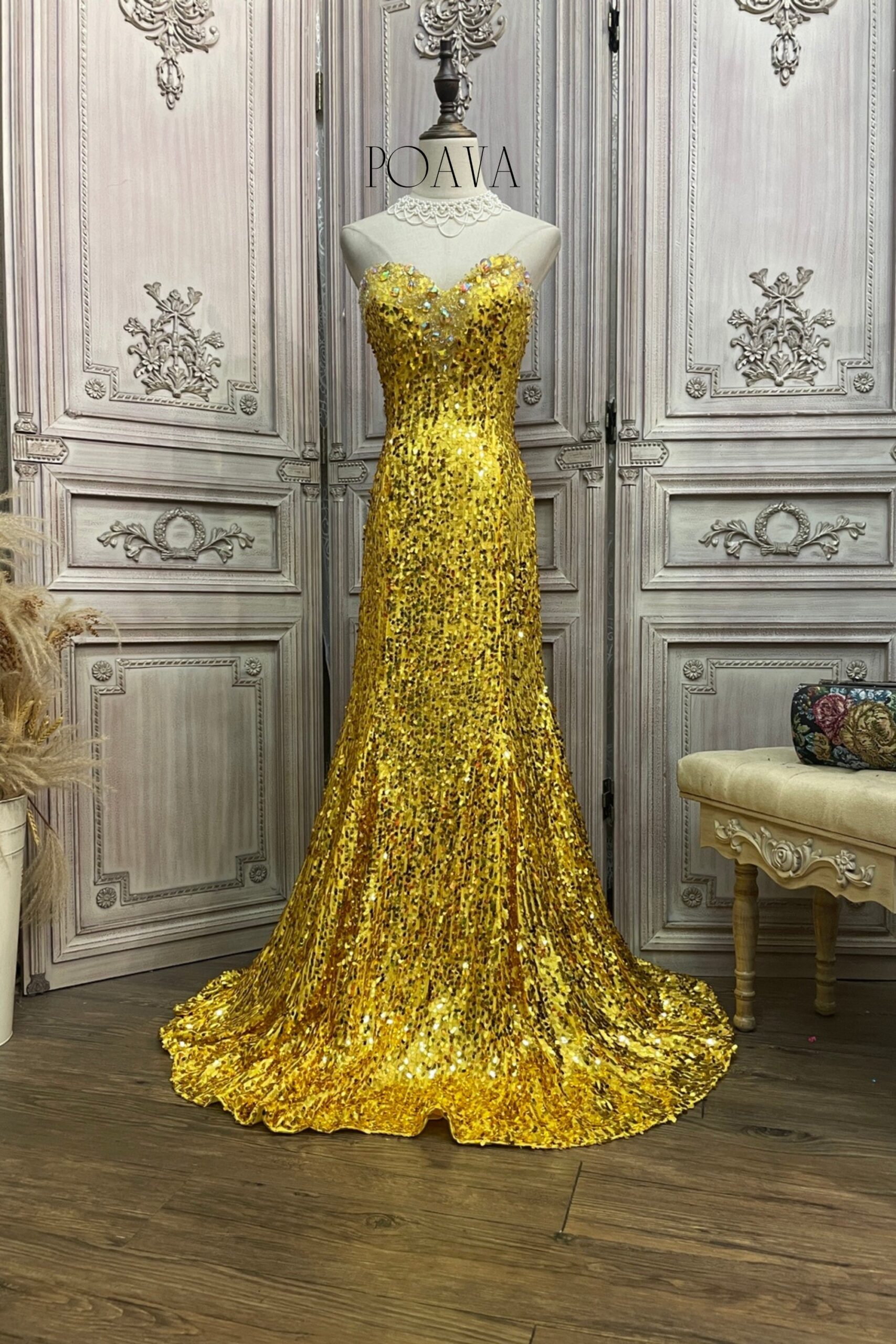 EMBELLISHED SEQUIN STRAPLESS MAXI DRESS IN GOLD