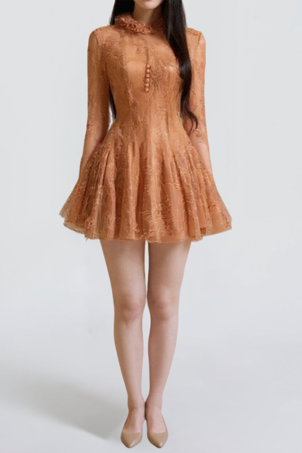 EMBROIDERED FLARED LONG SLEEVE MINI DRESS