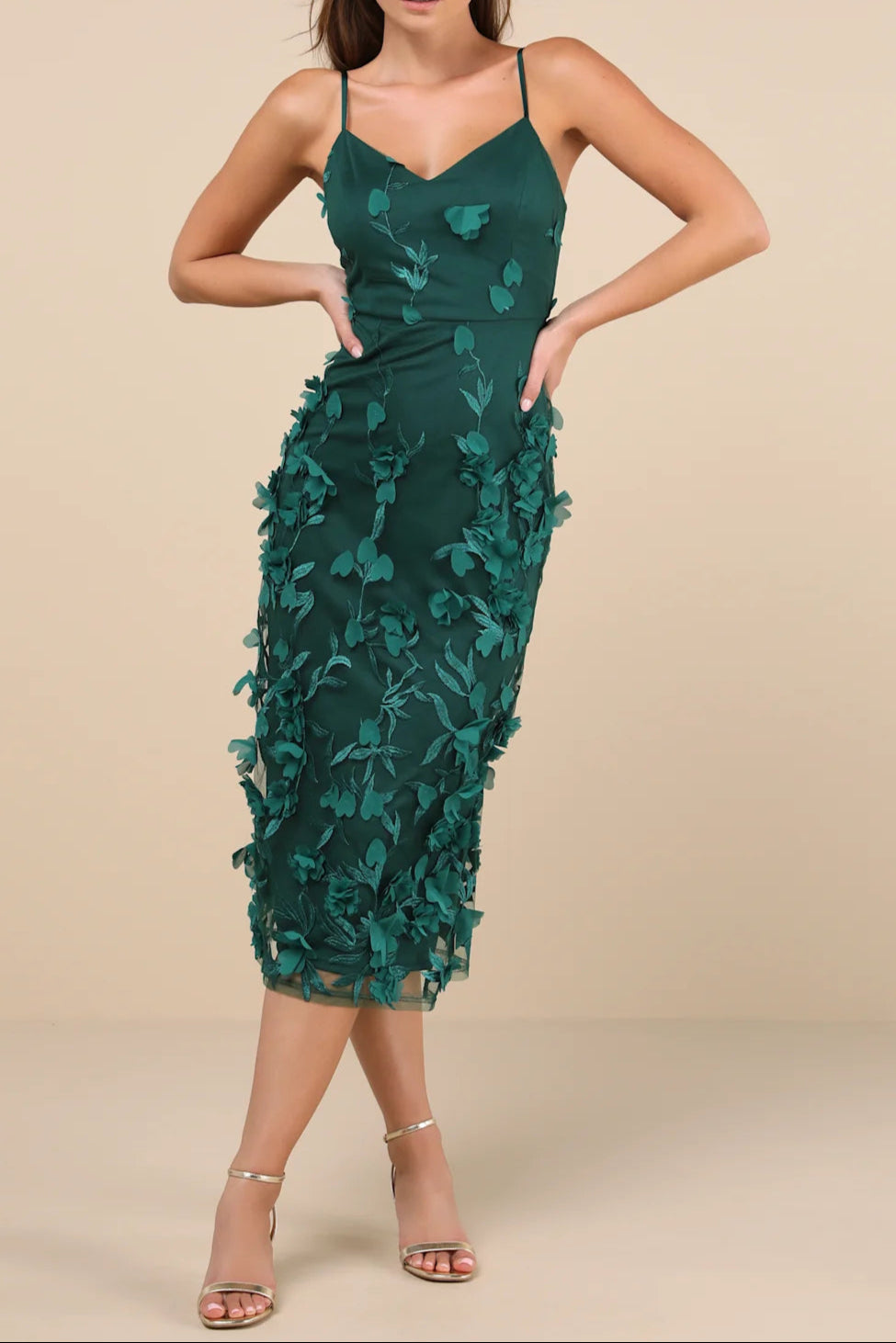 EMERALD 3D FLORAL EMBROIDERED MIDI DRESS