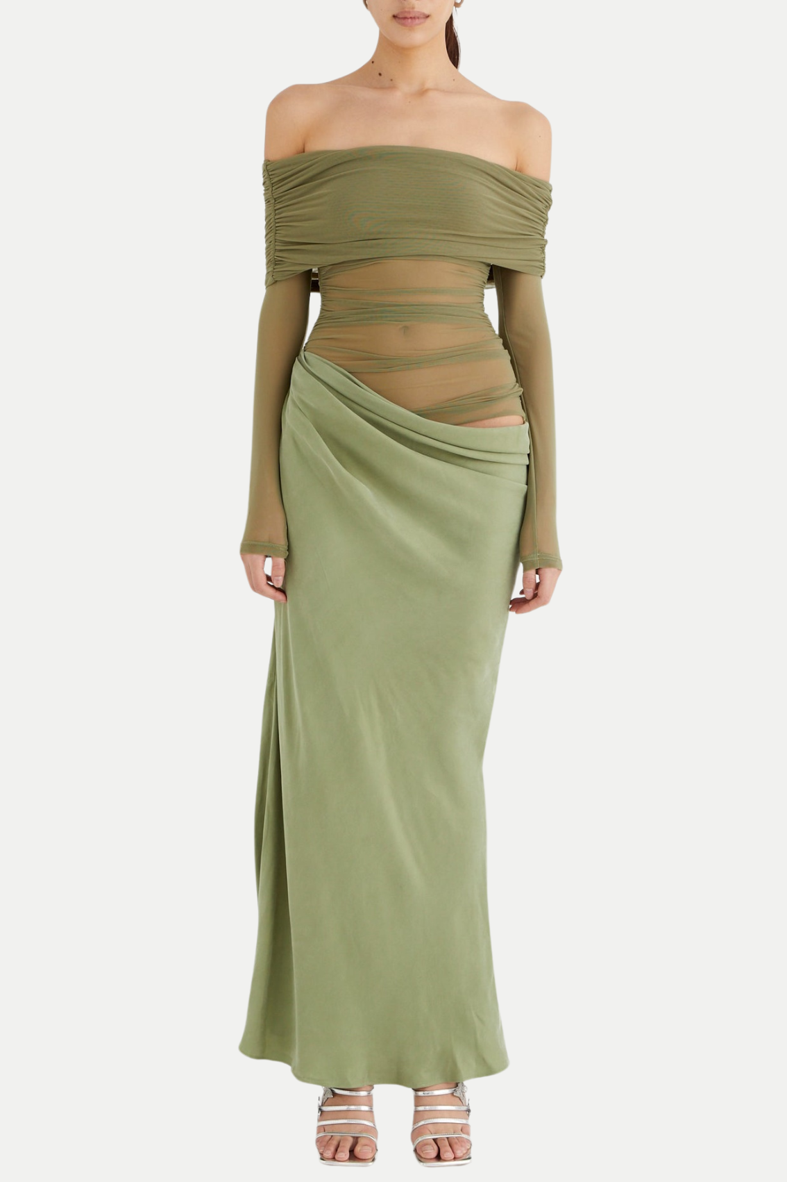 ENKO OFF SHOULDER RUCHED MESH MAXI DRESS - GREEN