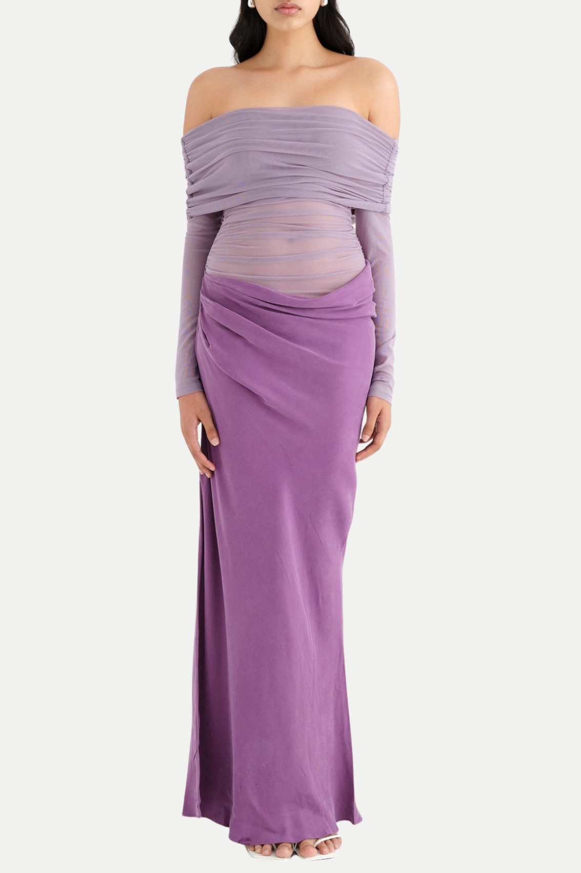 ENKO OFF SHOULDER RUCHED MESH MAXI DRESS - PURPLE