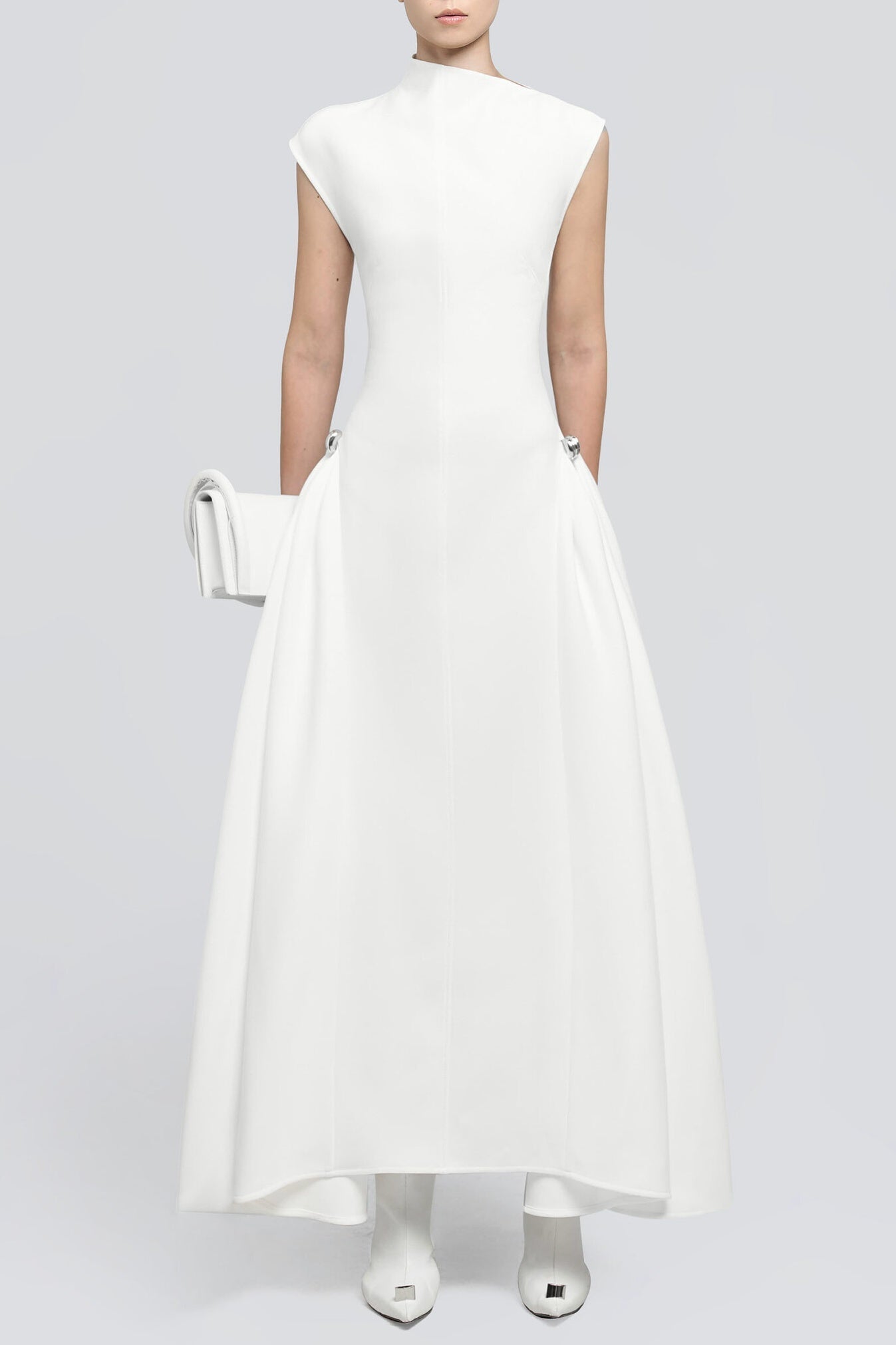 EORKONE SYMMETRIC DRAPES FLARED MIDI DRESS - WHITE
